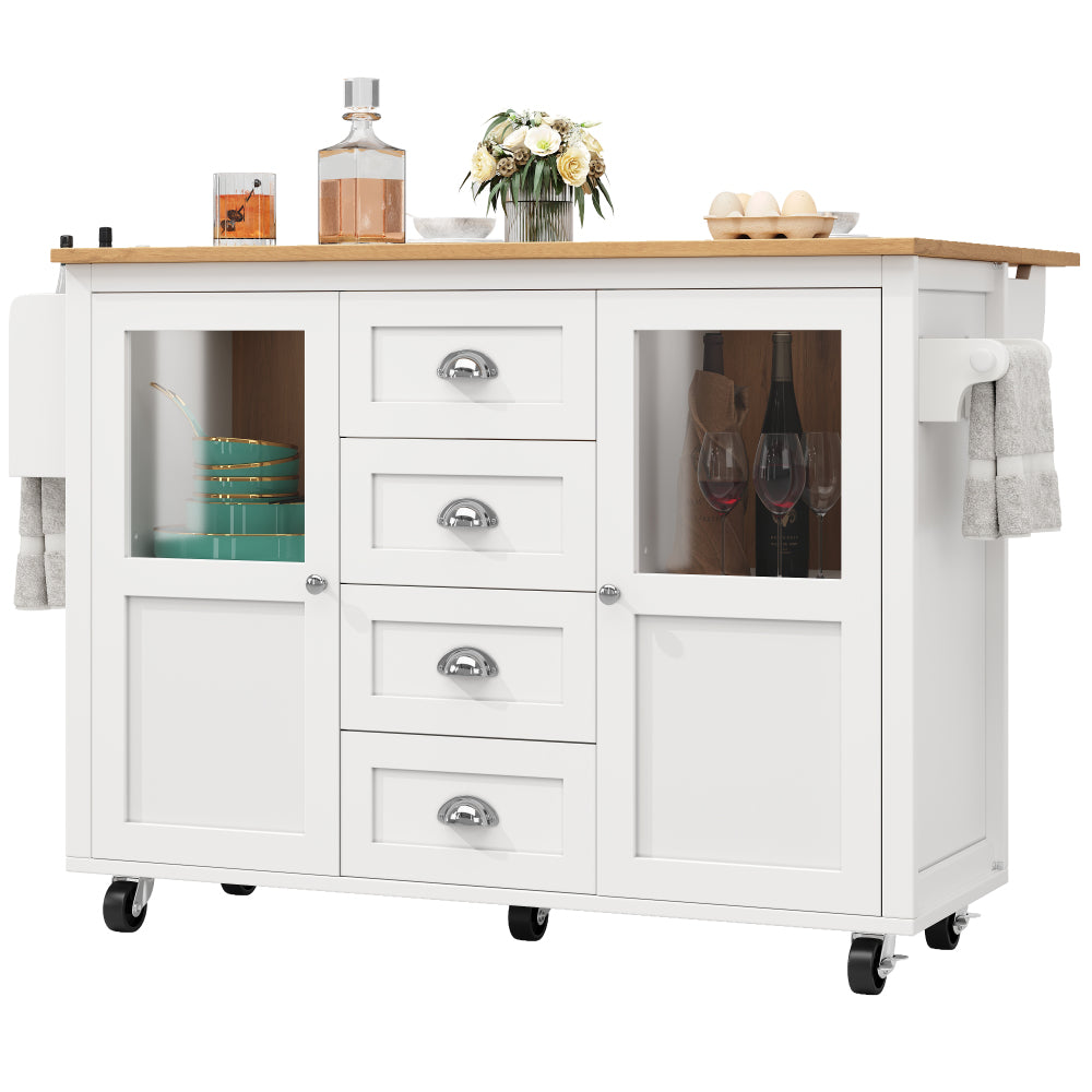 White Mobile Kitchen Island Cart with 4 Drawers, 2 Doors & Adjustable Shelves - Heavy-Duty Metal Frame on Locking Casters, Pull-Out Trolley, Spice Rack & Towel Rail - Compact Rolling Cabinet for Small Spaces, Easy Assembly (N