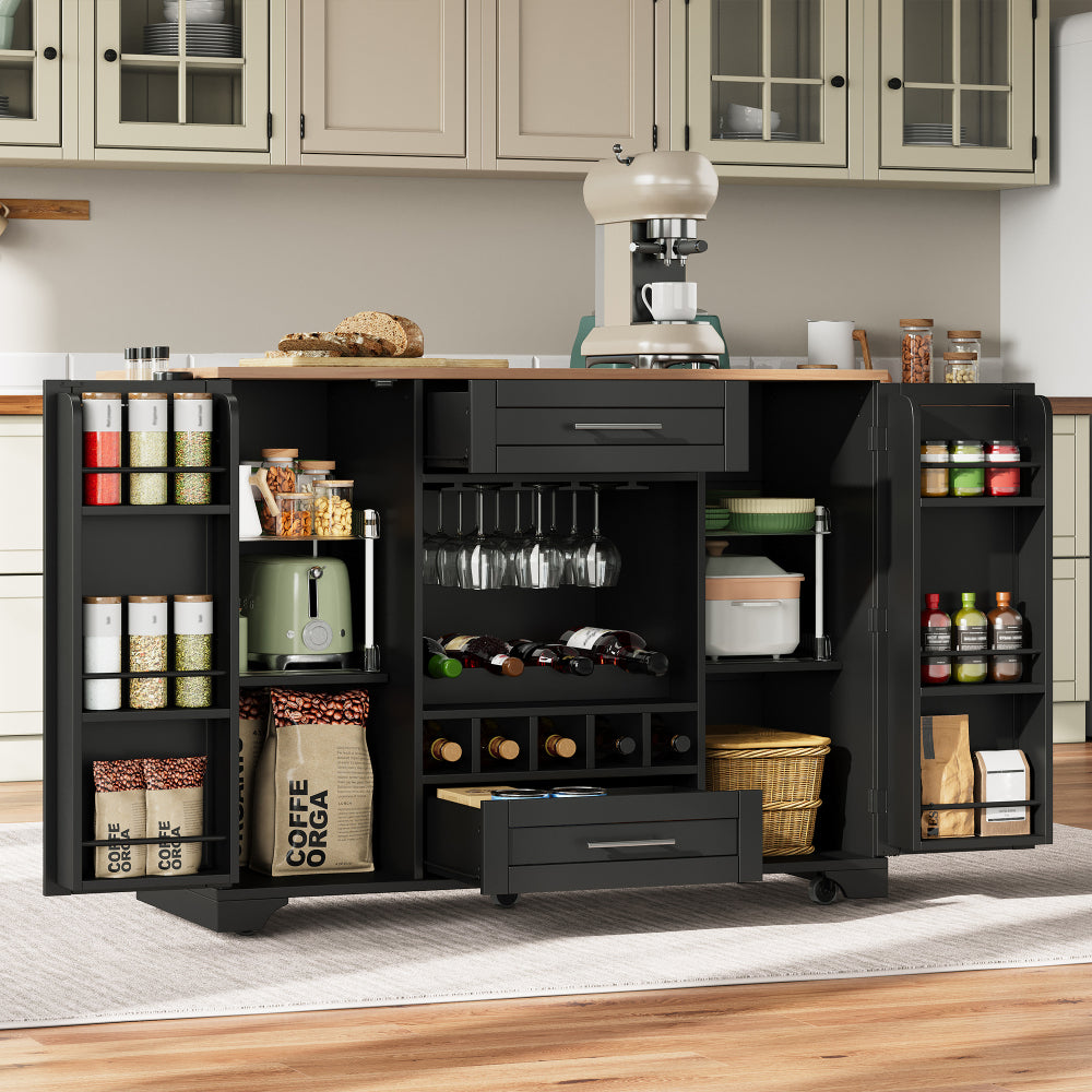Keukentrolley – Keukenkar – Serveerwagen – Keukenwagen – Opbergtrolley – Mobiel met Wieltjes – Inklapbaar Werkblad – Wijnrek & Kruidenrek – 120x45/70x92 cm – Zwart