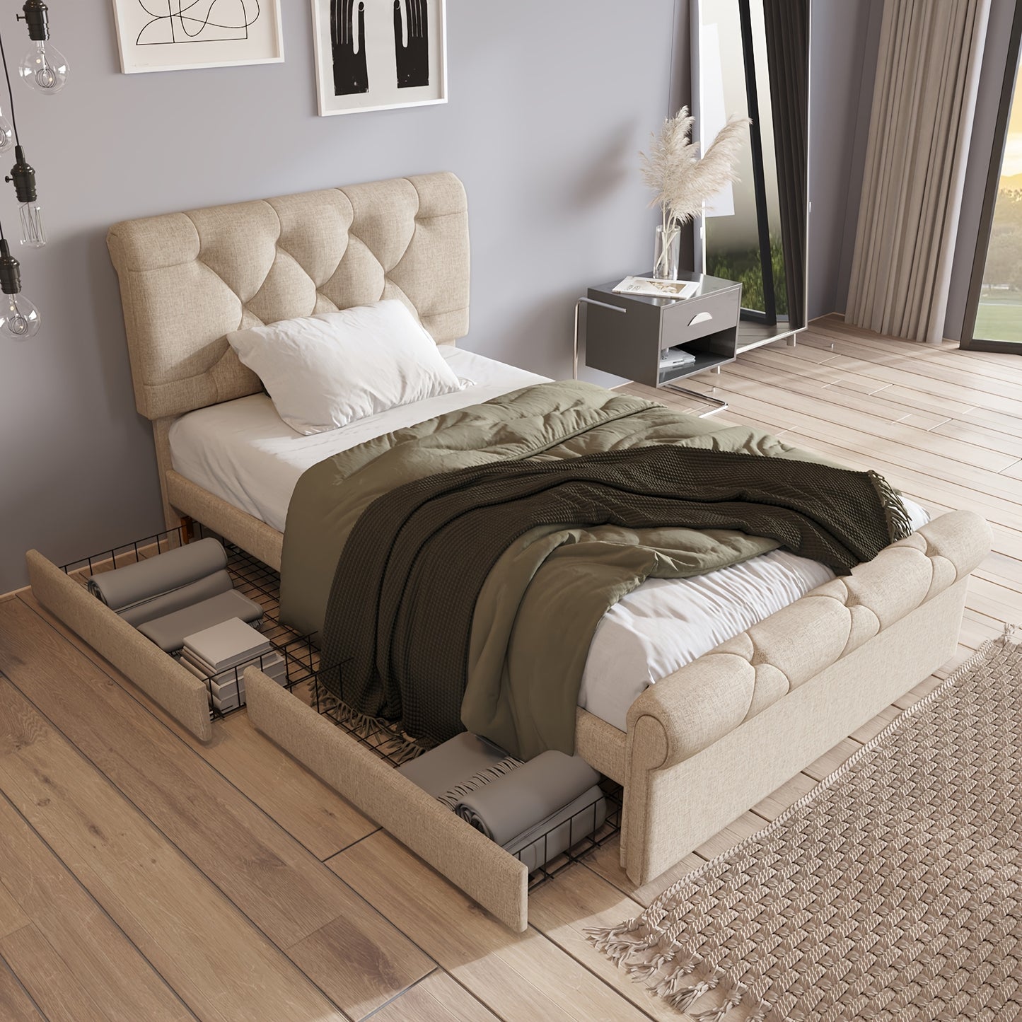 Eenpersoonsbed – Bed – Slaapbank – Logeerbed – Kinderbed – 90x200 cm – 2 Opberglades – Verstelbaar Hoofdeinde – Chesterfield Design – Natuurlijke Khaki Kleur