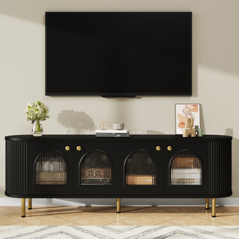 Tv-meubel – Lowboard – TV-kast – Media meubel – TV-dressoir – Zwart MDF met glazen deuren – Gouden handgrepen en poten – Ruime opbergruimte – Afgeronde hoeken