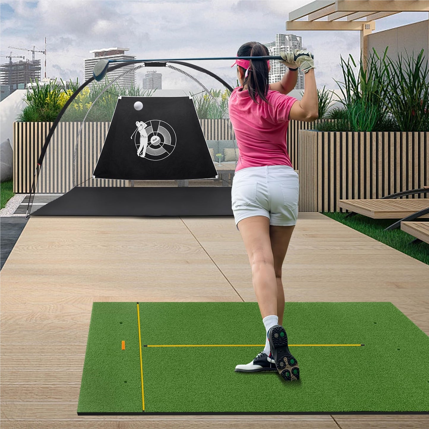 Golfmat – Golf oefenmat – Putting mat – Trainingsmat – Teemat – 6 tee-plaatsen – Inclusief 2 alignment sticks – Realistisch kunstgras – Duurzame EVA constructie – Groen – 152x117 cm