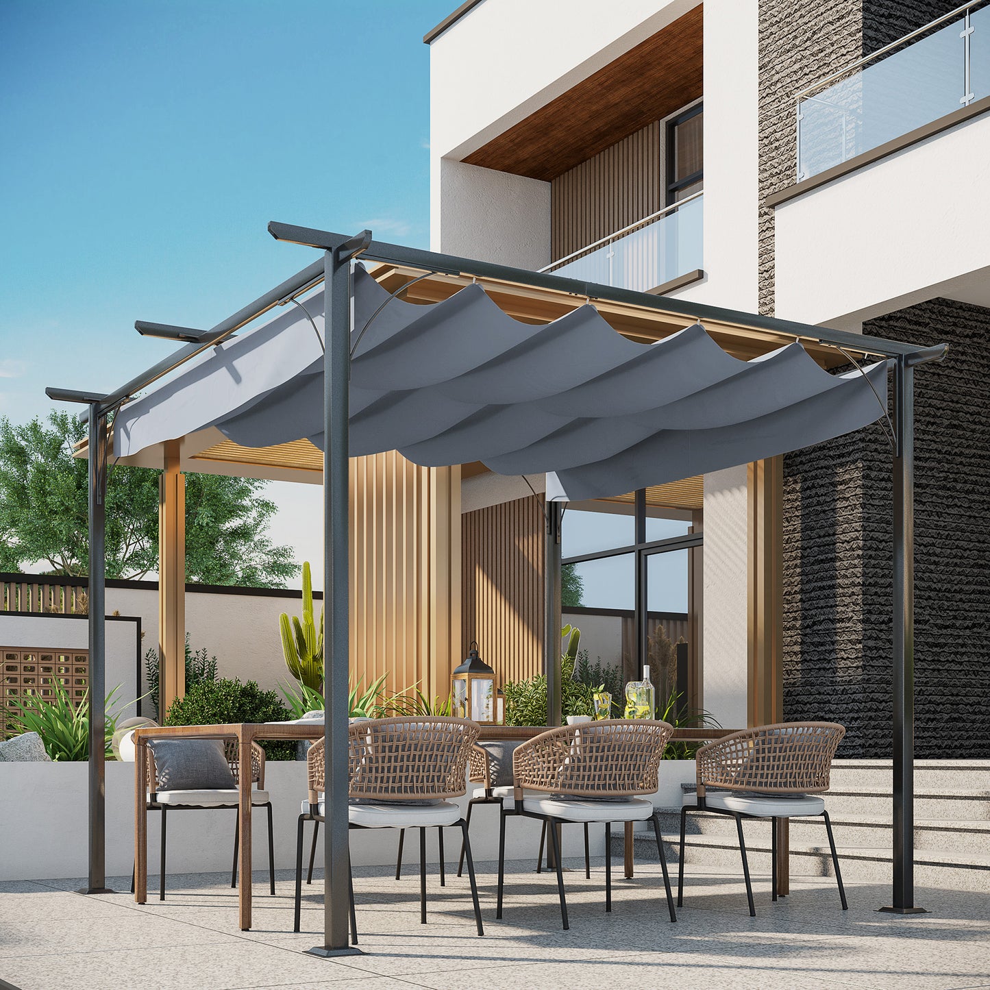 Pergola Uitschuifbare Overkapping Terrasoverkapping Tuinluifel Schaduwdoek – Antracietgrijs – Uitschuifbaar Dak – Water- En UV-bestendig Polyester – 3x3 Meter – Metalen Frame Met Epoxy Coating