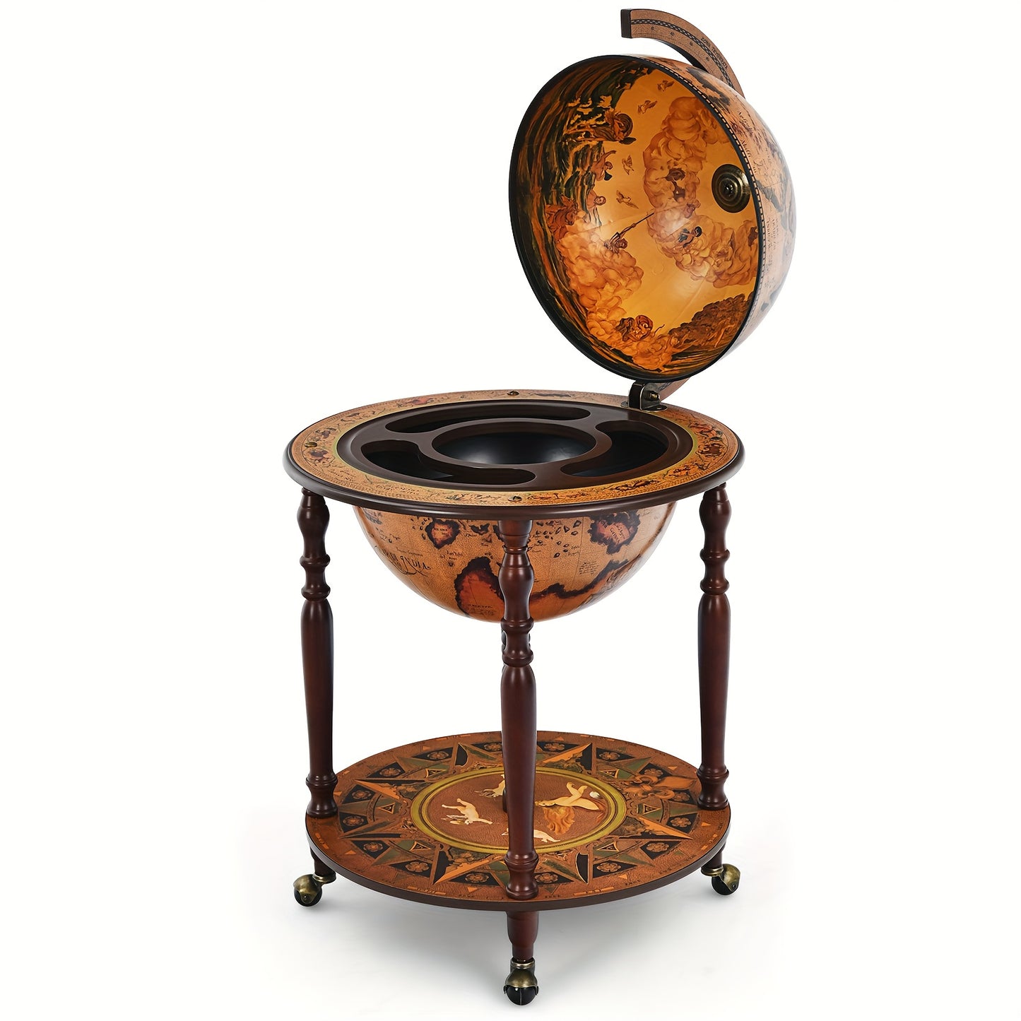 Globe Wijnbar – Wijnkast – Wijnrek – Wijnkar – Bijzettafel – Mobiel Met Wieltjes – Antiek Italiaans Design – Massief Hout & MDF