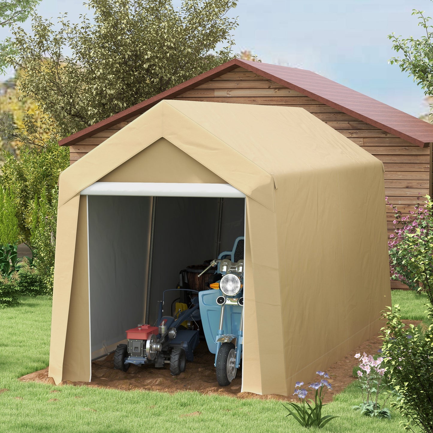 Tuinhuisje – Tuinschuur – Tuinberging – Fietsenstalling – Berging – UV-bestendig – Gegalvaniseerd Stalen Frame – Grote Ritsdeur – Beige – 7,6 m²