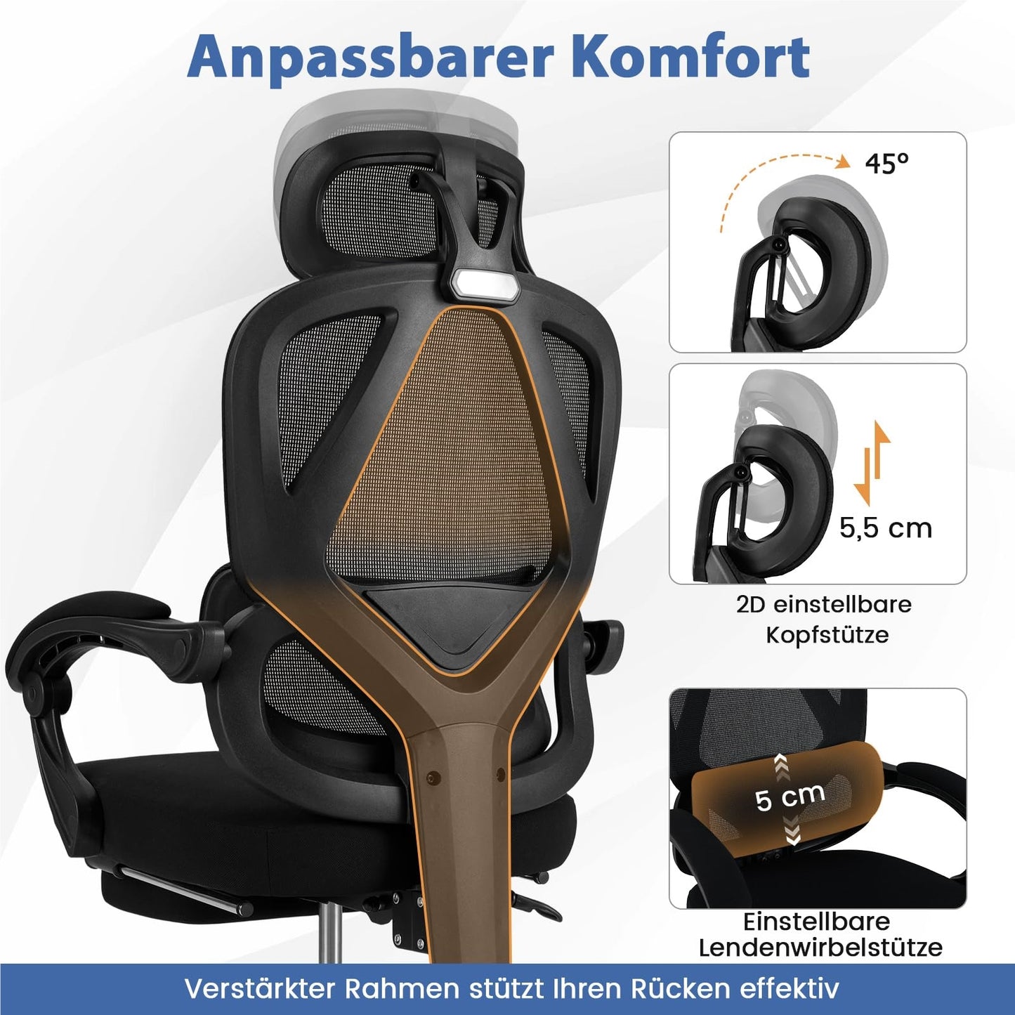 Ergonomische Bureaustoel – Bureaustoel – Werkstoel – Computestoel – Draaistoel – Uitschuifbare Voetsteun – Verstelbare Rugleuning & Hoofdkussen – Ademend Mesh Materiaal
