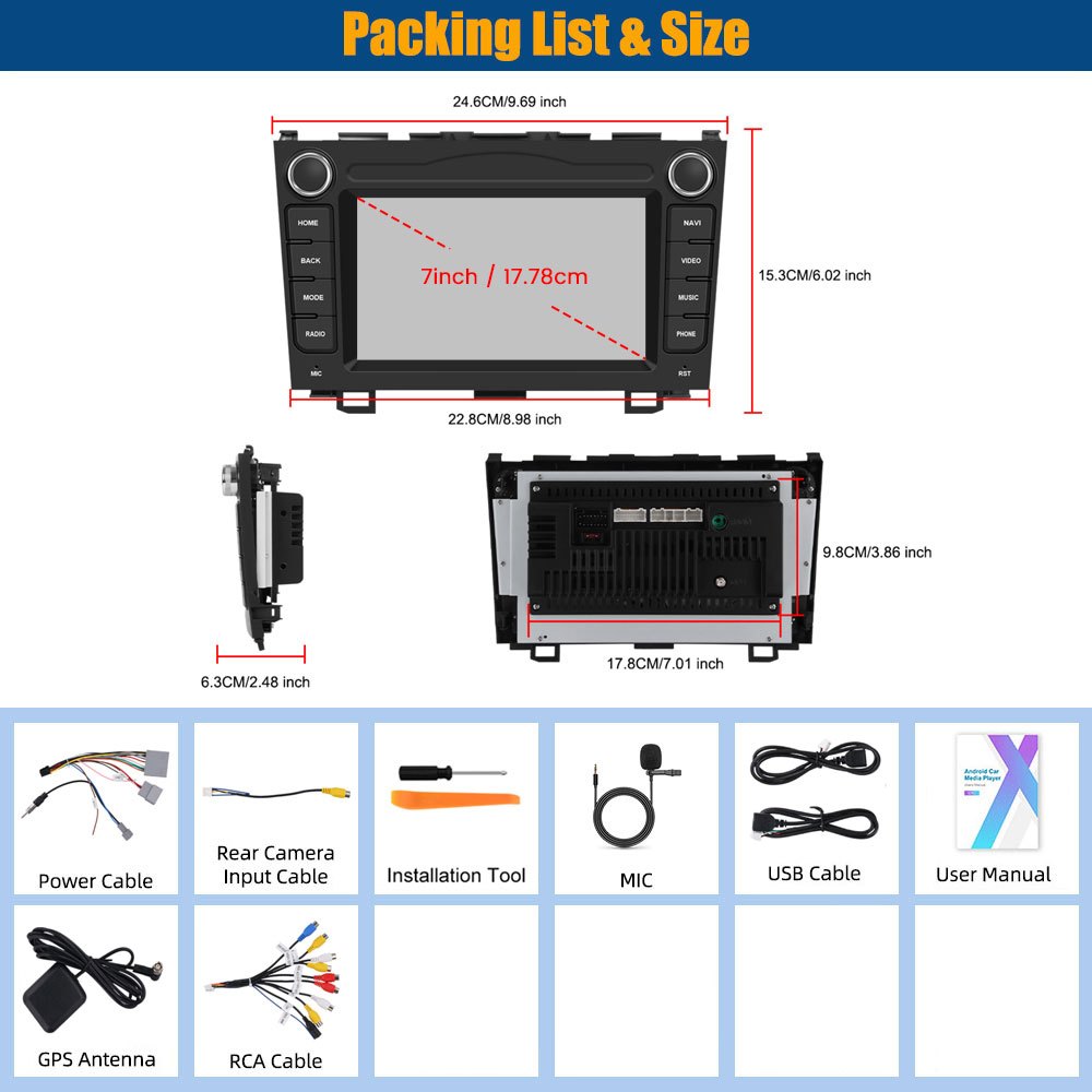 PODOFO 7-Inch Android Car System for Honda CR-V 2007-2011, Wireless CarPlay/Android Auto, AI DSP/GPS/WiFi/B/T5.0/FM/Mirror Link + Mic, Without Battery
