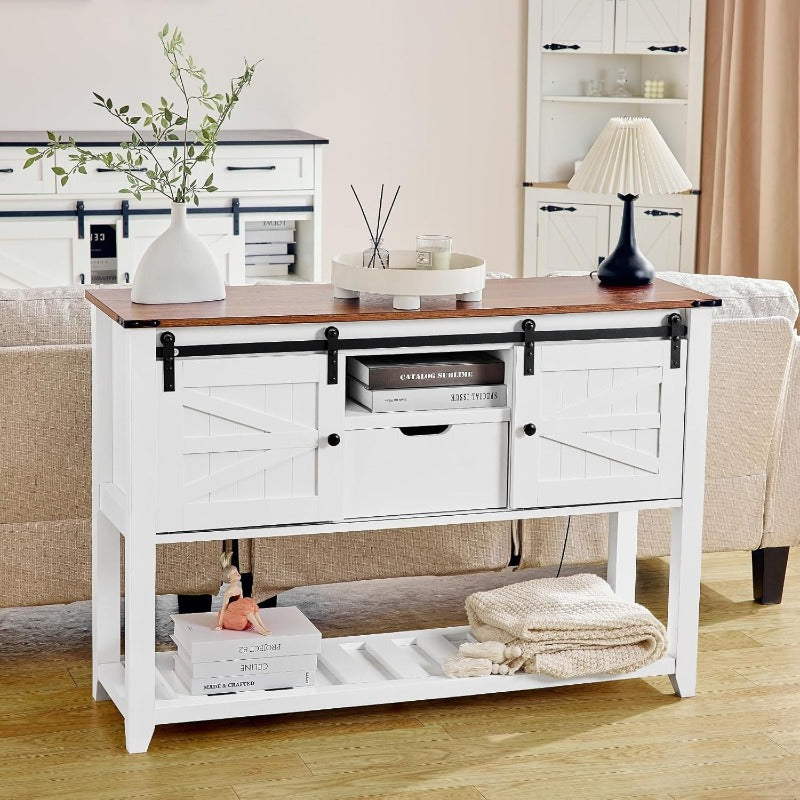 Sidetable – Haltafel – Wandtafel – Consoletafel – Dressoir – Massief Houten Constructie – Rustiek Walnoot Tweekleurig Design – Compacte Opbergruimte met Schuifdeuren en Lade – 117 x 69 x 68 cm