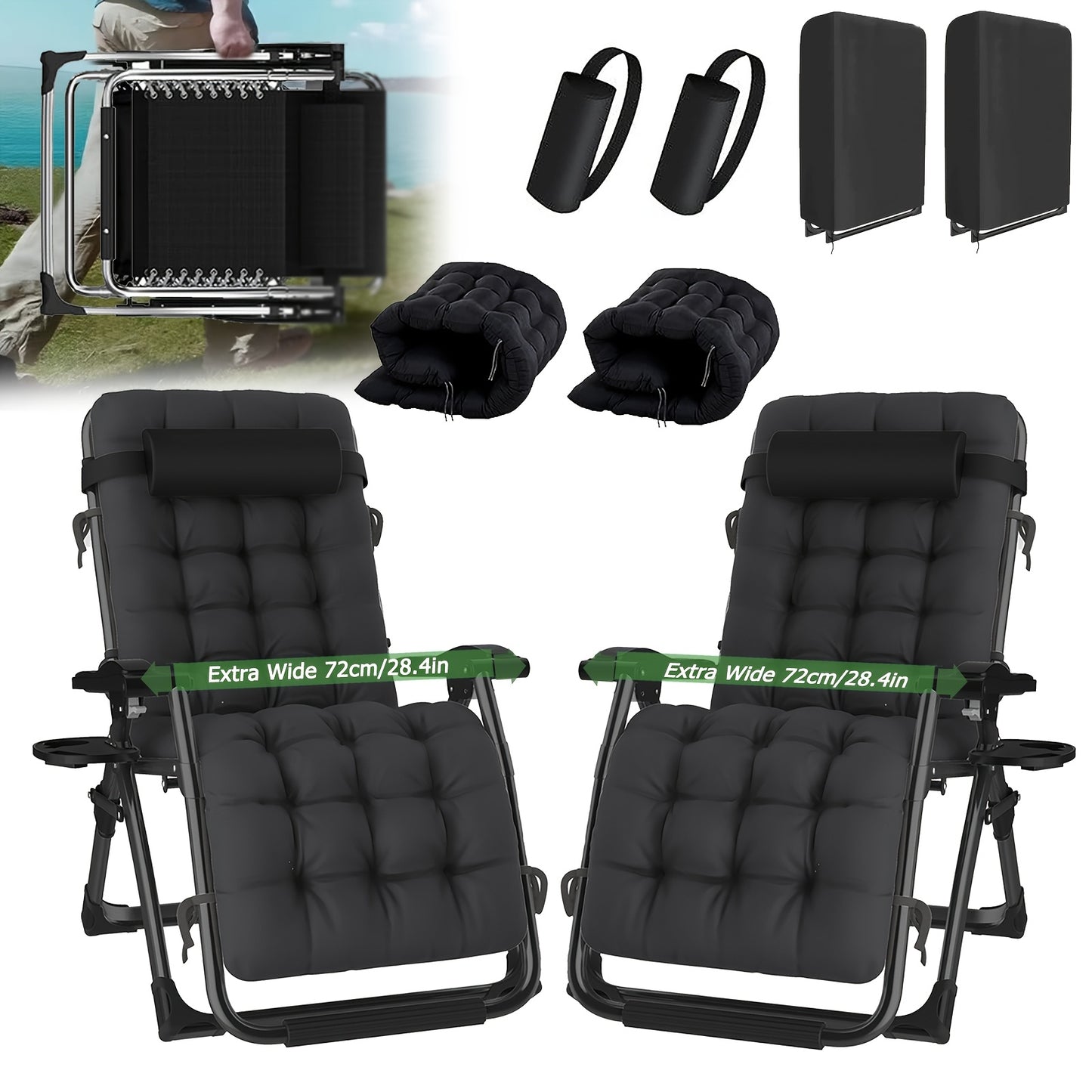 Loungestoel Set – Tuinstoel – Ligstoel – Klapstoel – Relaxstoel – Opvouwbaar – Memory Foam Kussen – Zero-Gravity Positie – Lichtgewicht Metaal Frame