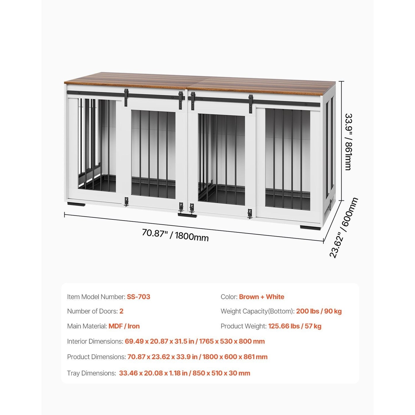 Hondenbench – Hondenkooi – Hondenhok – Hondenkooi Meubel – Bench Voor Grote Honden – 72 Inch – Houten Bank – Uitneembare Plastic Trays