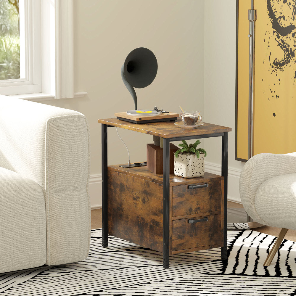 2-Laden Bijzettafel – Nachtkastje – Salontafel – Opbergtafel – Sidetable – Donkerbruin Met Zwarte Poten – Ruime Opberglades – Onderhoudsvriendelijk & Stevig