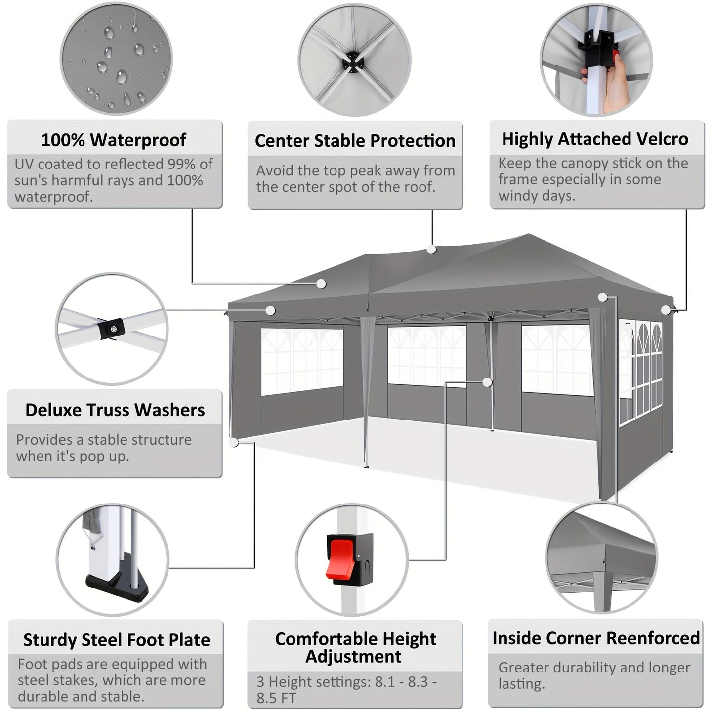 Partytent – Tuinent – Paviljoen – Easy-up Tent – Feesttent – 3x6 Meter – Waterdicht Polyester – 6 Zijwanden Met UV-bescherming - Grijs