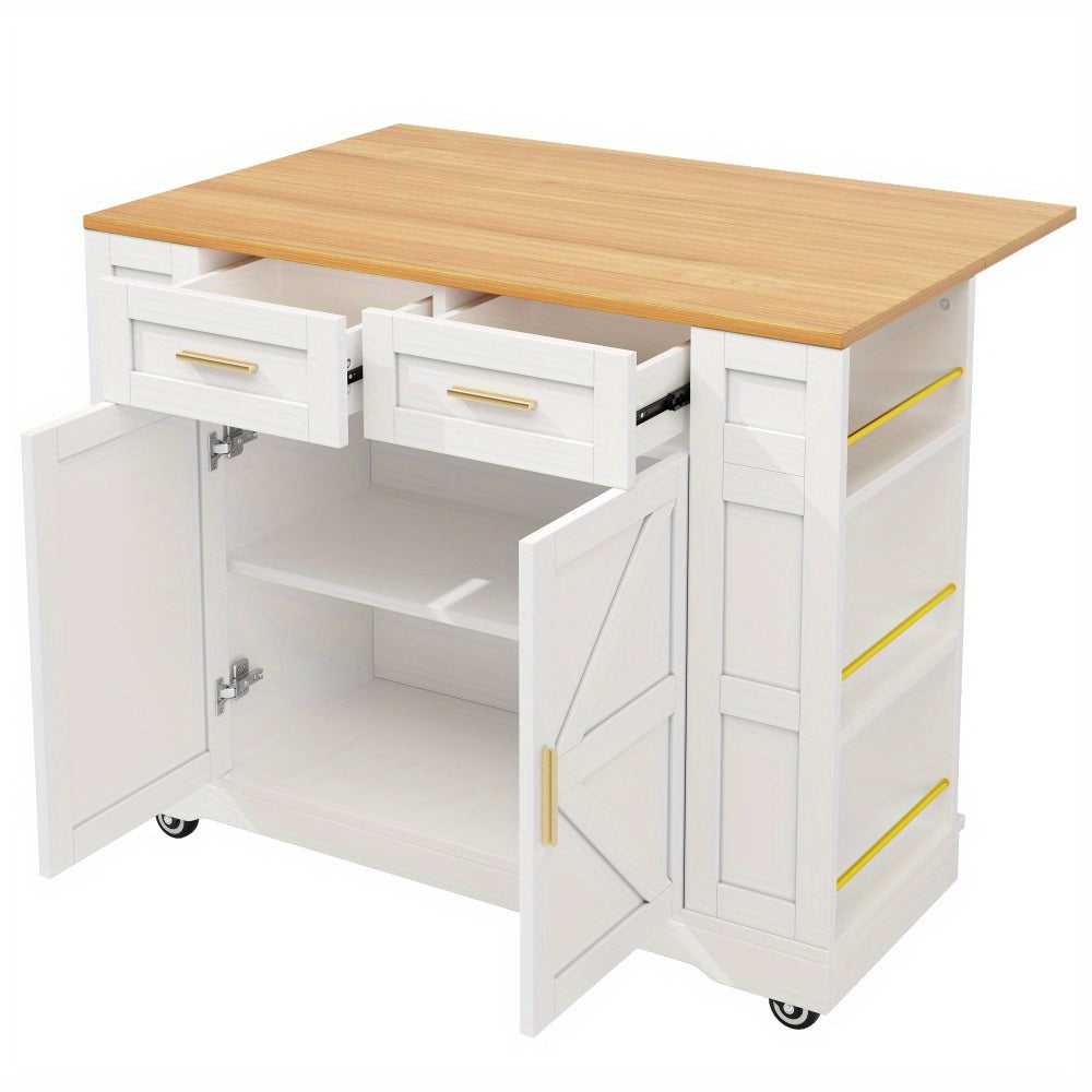 Keukeneiland – Keukentrolley – Kookeiland – Opbergmeubel – Eetkamerwagen – Uitschuifbare Eettafel – Houten Hardhouten Frame – Verstelbare Planken & Wielen
