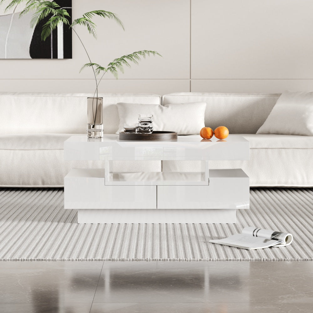 Salontafel – Koffietafel – Bijzettafel – Woonkamertafel – Opbergtafel – Hoogglans Wit – 4 Lades – Ruime Opbergruimte – Duurzaam Samengesteld Hout – Geen Montage Nodig