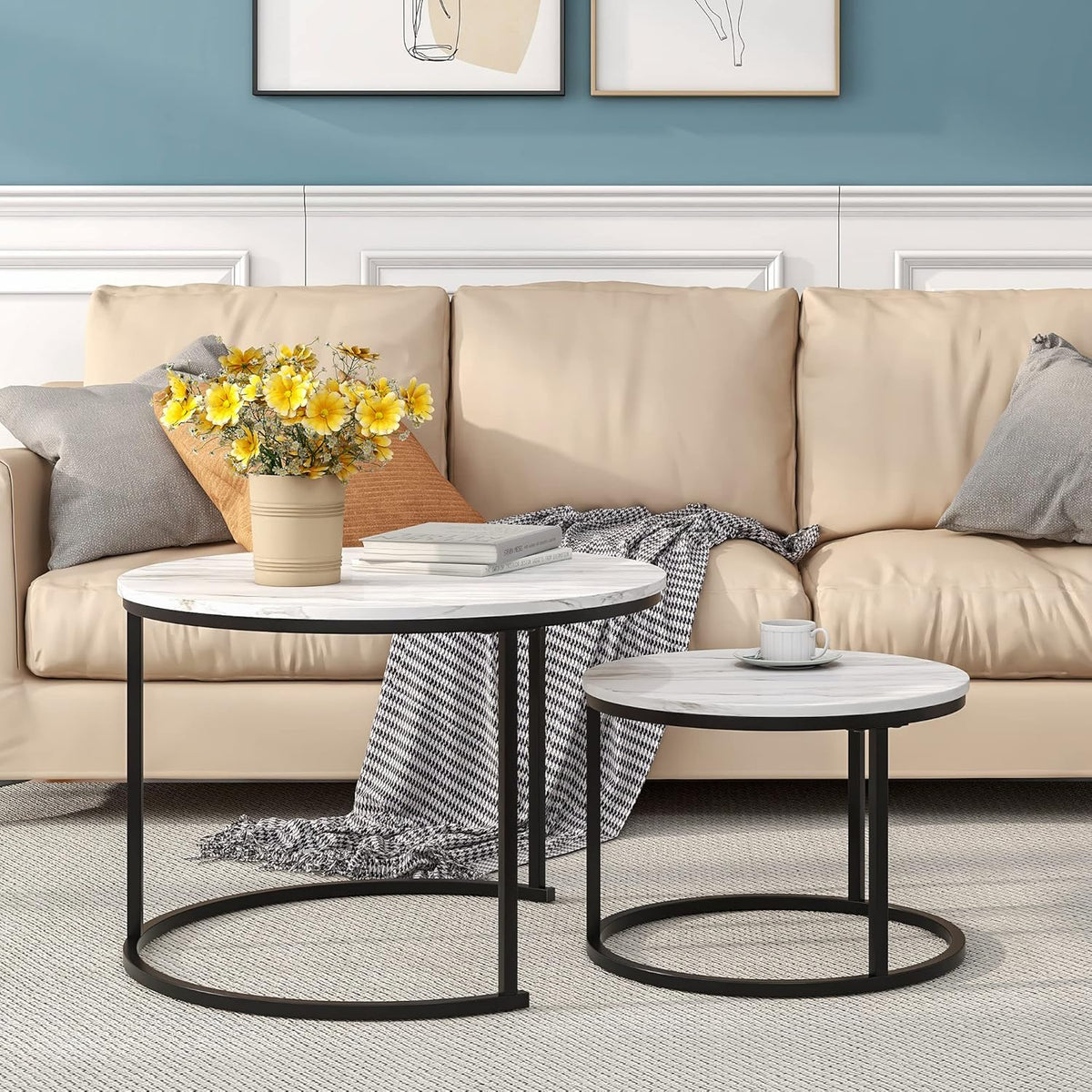 HOJINLINERO Zwarte ronde salontafel set van 2 bijzettafels voor woonkamer, nesttafel industriële stapeltafels, marmeren patroon met metalen frame eindtafel voor slaapkamer/kleine ruimte, wit