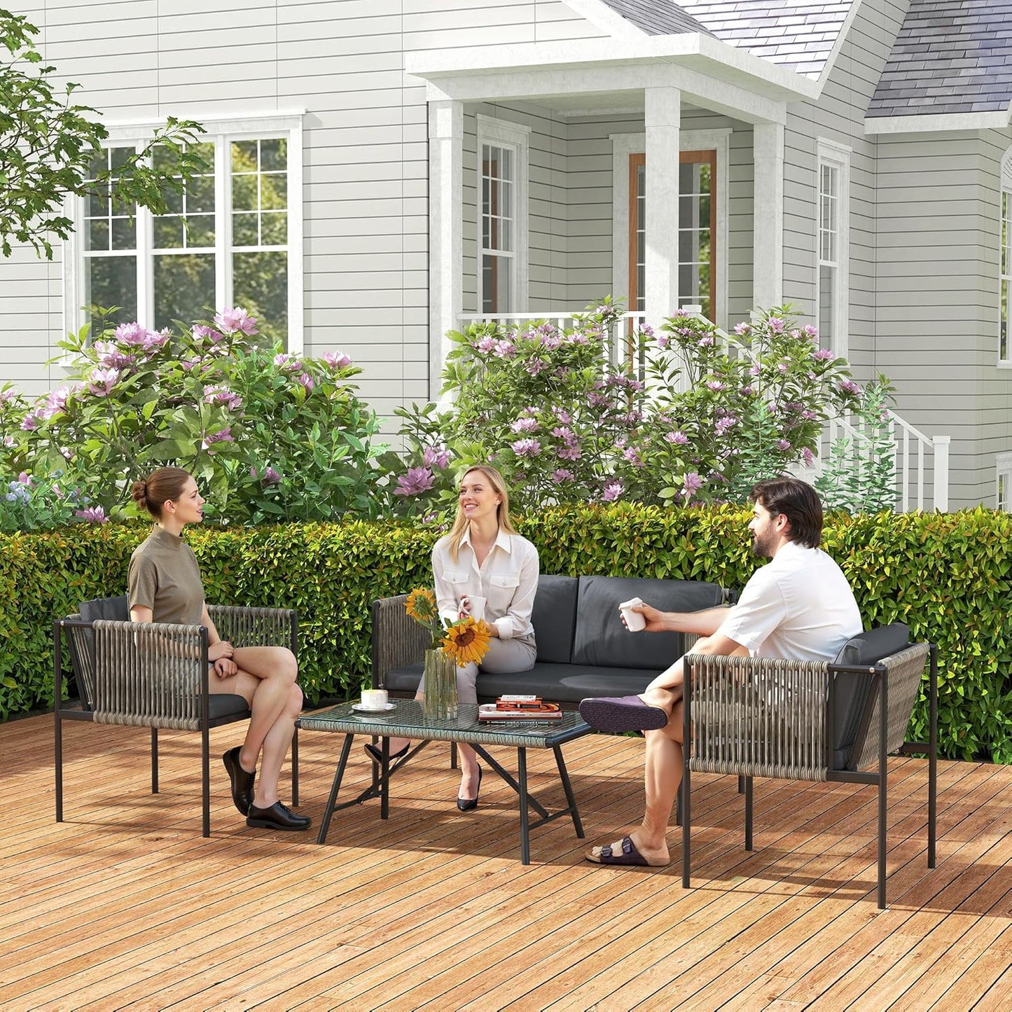 Outsunny Polyrattan Garden Furniture Set with 2-Piece Sofa, Chair, Glass Table, Cushion, Weatherproof, Balcony Furniture for 4 Persons, Outdoor Seating, Patio Furniture for Garden Balcony, Grey - QUORE