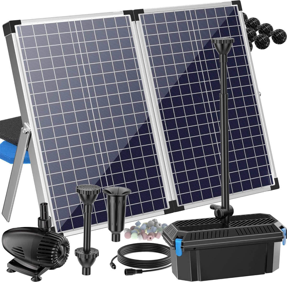 Vijverfilter op Zonne-energie – Vijverpomp – Zonnepomp – Fonteinpomp – Waterspeler – 70 W Pomp – Filter met 3 Sproeiers – 8 m Kabel – Geschikt voor Vijvers tot 2500 Liter