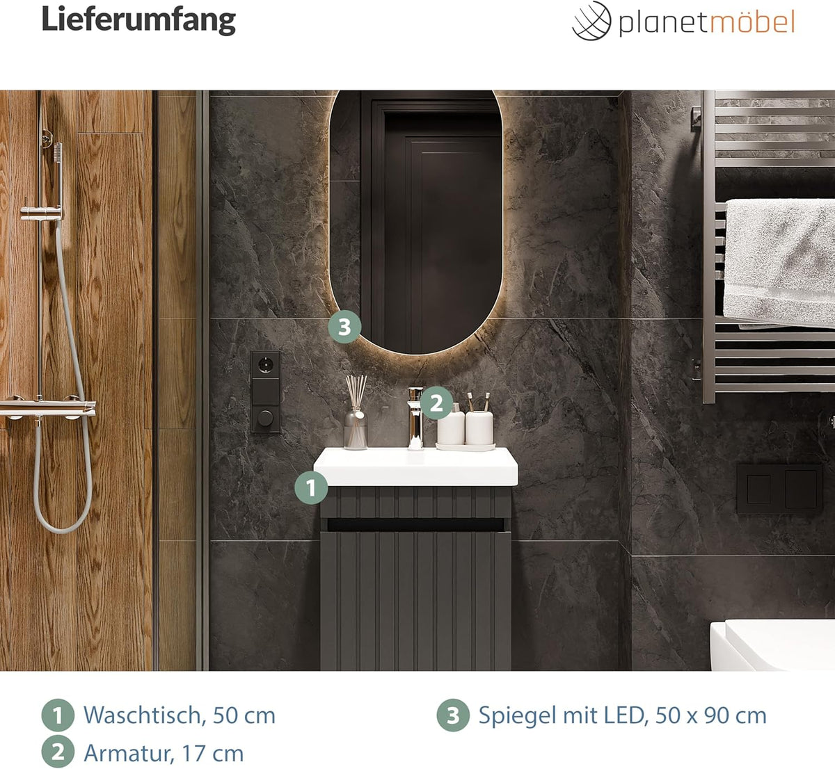 Planetmöbel Cosmia Bathroom Furniture Set Sink 50 x 60 x 35 cm Anthracite Mirror Lighting 50 cm Chrome Ceramic - QUORE