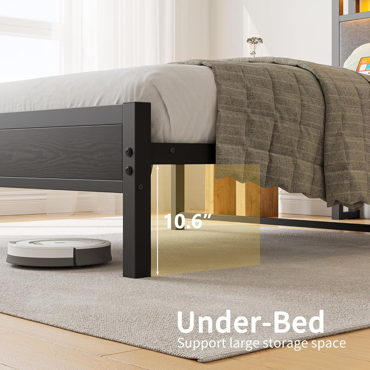 Bedframe met laadstation, robuust metaal, met opberghoofdeinde van houten stof, bijzetbed, kinderbed, eenpersoonsbed, metaal, met lattenframe, 90 x 200 cm,
