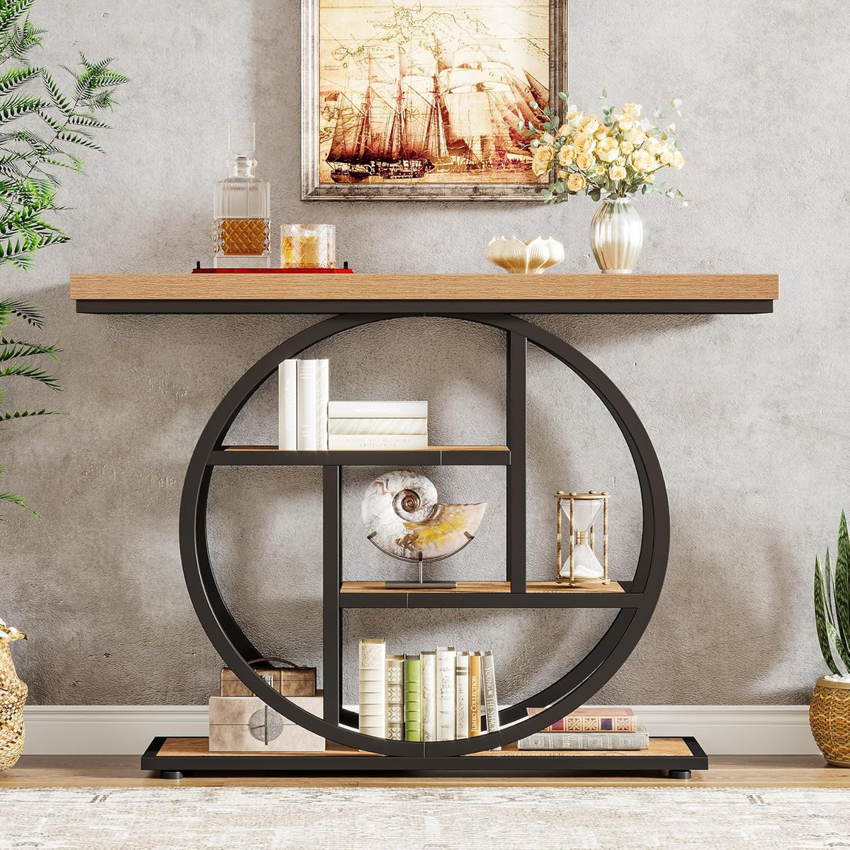 Tribesigns Console Table 105cm with 4 Levels, Narrow Industrial Sofa Table with Round Metal Frame, Wooden Entrance Table with Storage Racks for Living Room (Light Brown)