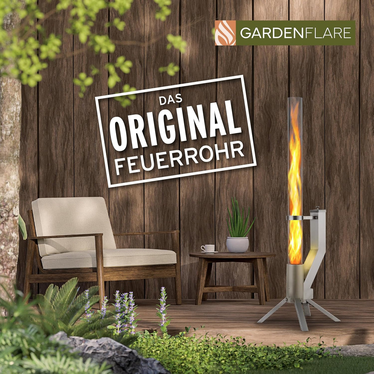 Fire tube, stainless steel fire column and pellet torch for a great atmospheric fire, elegant patio heater and garden fireplace, alternative to your patio and garden, silver - QUORE