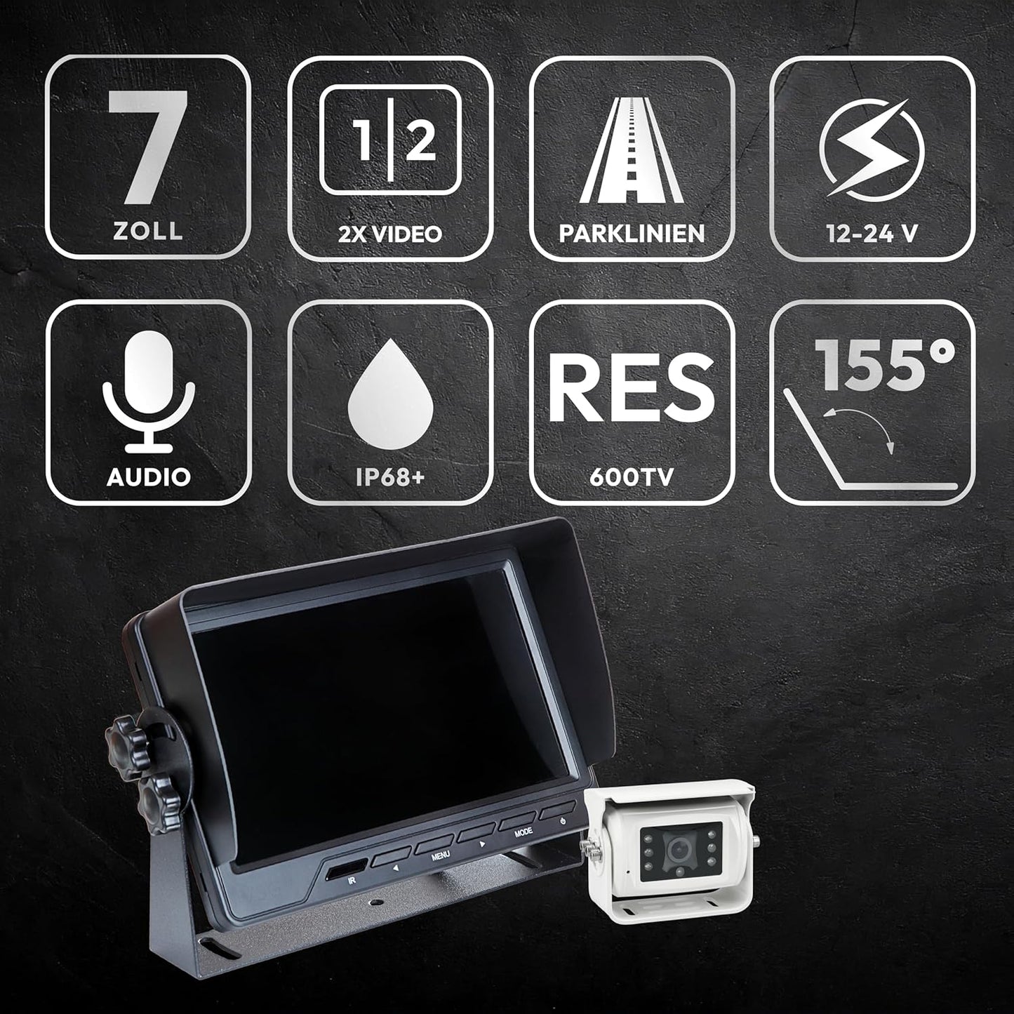 VSG24 24121 - 7" Premium achteruitrijvideosysteem voor campers & auto's, camera set incl. 20m kabel, nachtzicht, 120° hoek, 12-24 V, IP68 - Zwart