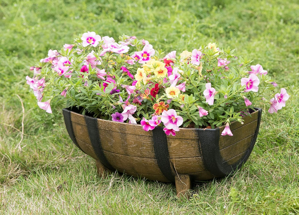 Set of 2 Rustic Wood- Look Plastic Half Barrel Flower Pot Garden Planter