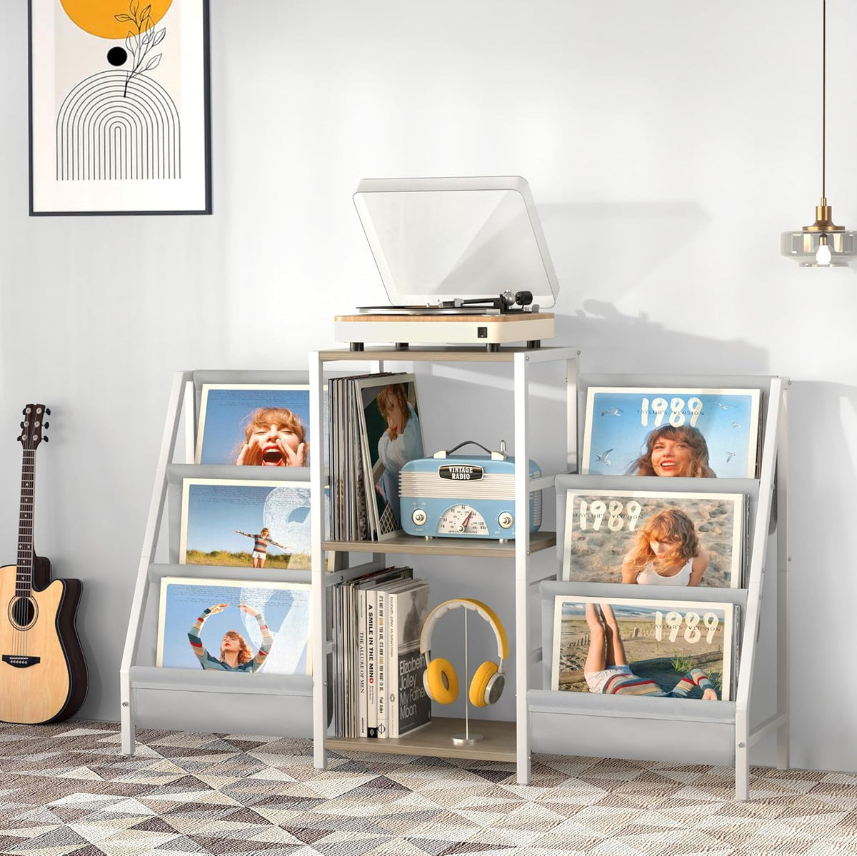 Bikoney Platenkast met Opbergruimte voor Platenspeler – Tafelkast voor Draaitafel met Display, Geschikt voor 300 LP's, Media Console met CD Rek voor Vinyl, Stereo & Draaitafel (Wit)