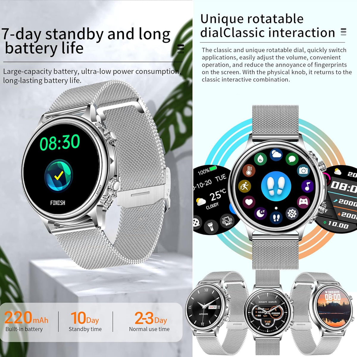 Smartwatch Dames met Bellen/Kiezen via Bluetooth, Smart Watch voor Dames, Slaapmonitor Menstruatie volgen, Calorie Stappenteller Stopwatch Smart Activity-Armband voor Android iOS (Zilver)