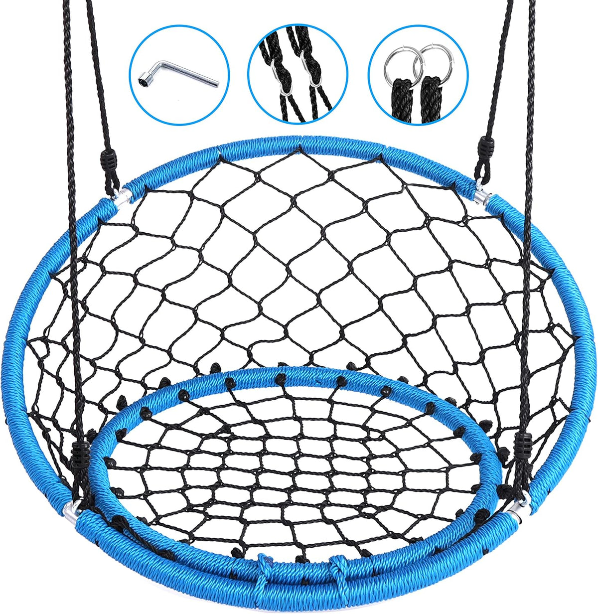 SereneLife Web Stoel Swing 35,5" Inch Opknoping Netted Seat Kids Indoor Outdoor Yard Ronde Cirkel Schotel Swing voor Bomen of Swing Sets - Alle Seizoen UV-bestendig Touw Net Schommeling, Blauw