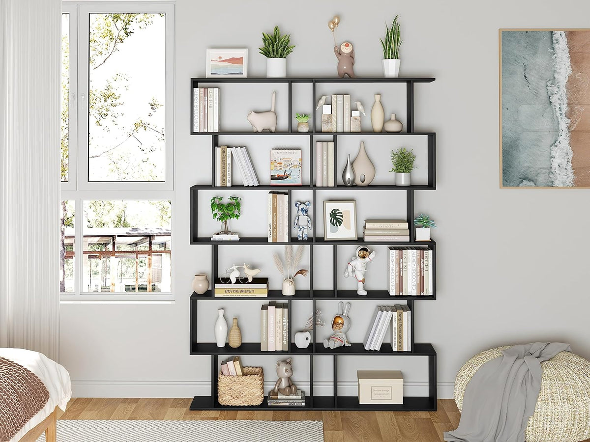 Yusong Boekenplank 6-laags geometrische boekenkast S-vormige boekenplanken voor slaapkamer, moderne houten decoratieve displayplank hoge boekenkast voor thuiskantoor, zwart