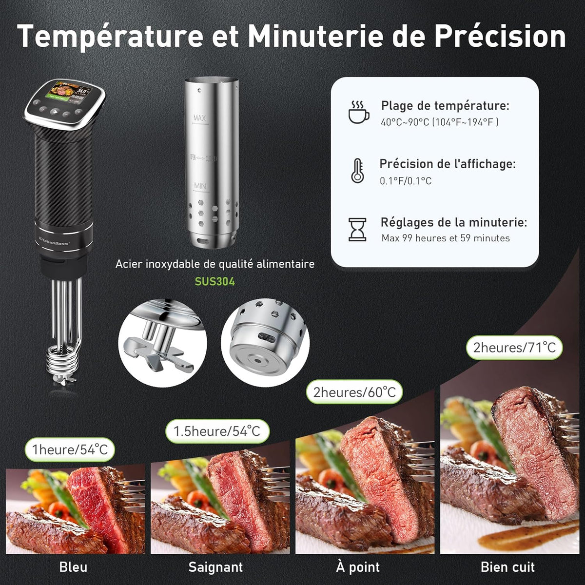 KitchenBoss Warmtedompelaar Vacuüm Koken: Wifi Thermo Diver 1100W APP Controle Vacuüm Cooker Cooker voor Nauwkeurige Temperatuurregeling TFT-display