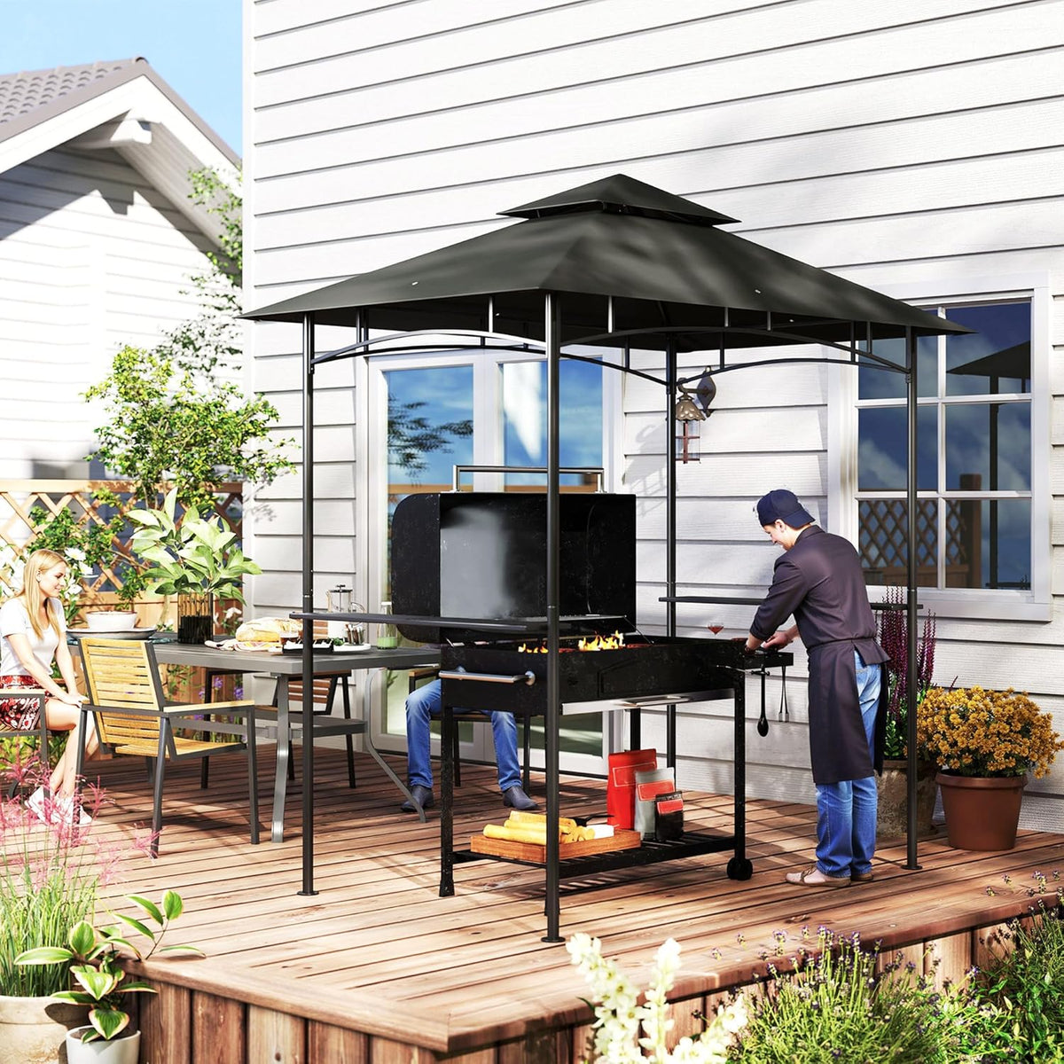 Grillpaviljoen – Barbecue Overkapping – BBQ Shelter – Tuinpaviljoen – Partytent – Waterafstotend & Vlamvertragend – Dubbellaags Dak met LED Verlichting 240x150x258 cm