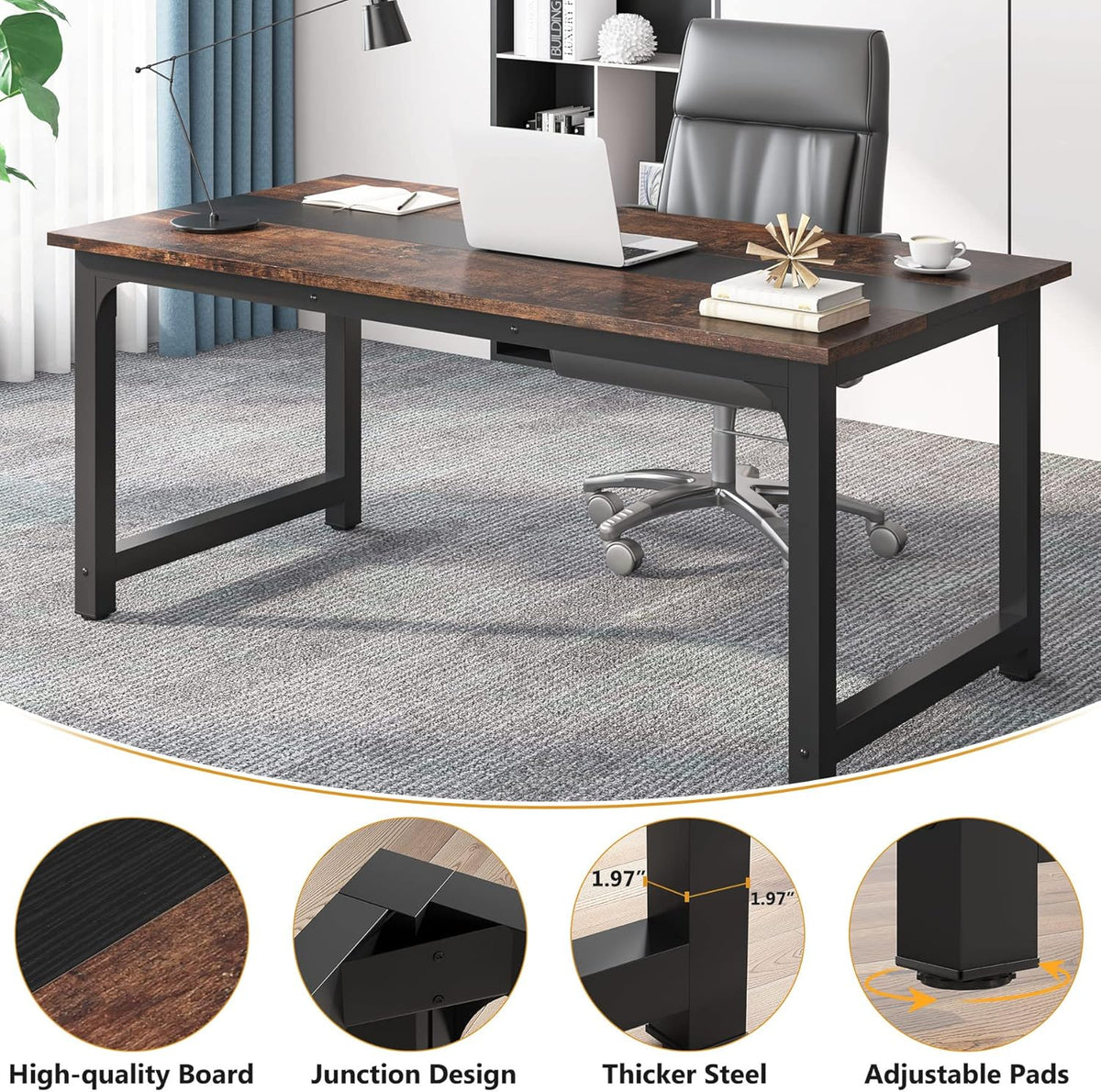 Tribesigns Modern Computer Table, Large Desk Table, Computer Table, Study, Desk, Workplace for Home Office, Rustic/Black (160 * 80cm)