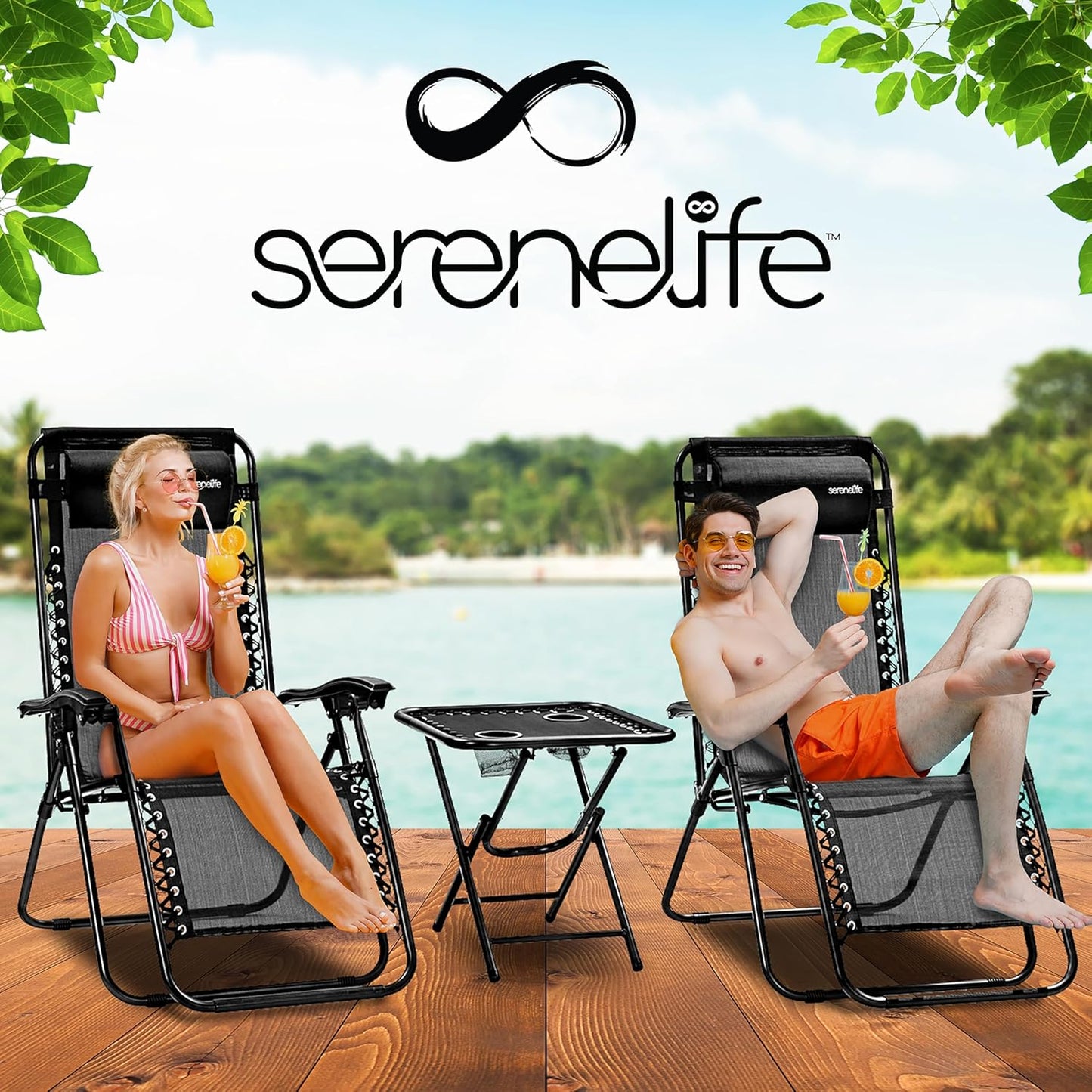 Serenelife Sun Lounger, Set of 2 Sun Loungers - Adjustable Garden Loungers with Side Table, 2 Cup Holders and Removable Cushions - Foldable and Portable Lounge Chairs for Terrace, Garden, Beach - Grey - QUORE