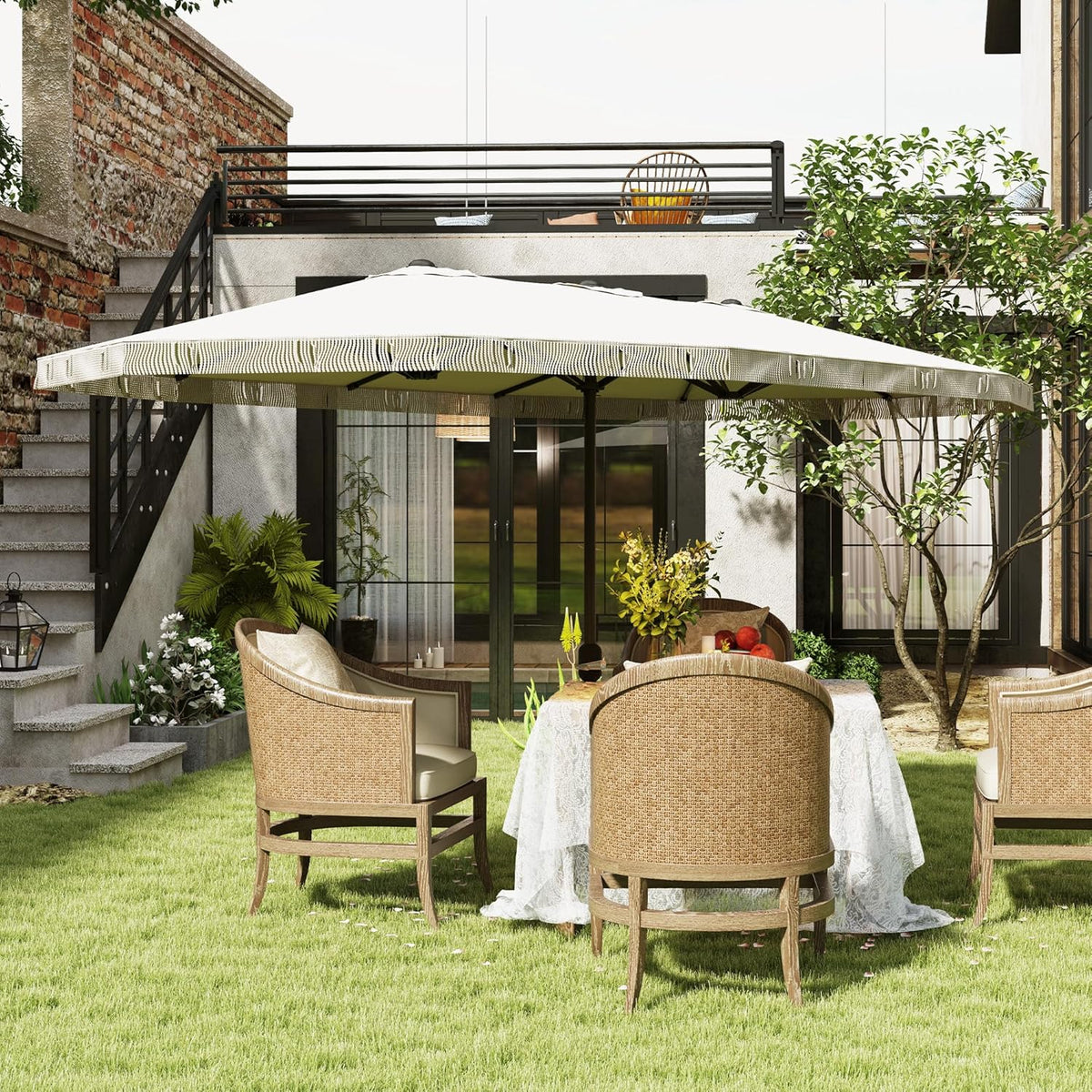 Outsunny Garden Shade Double Rectangle 4.5 x 2.65 x 2.60 m with Crank and Fringes, 180 g/m², Parasol for Balcony, Pool, Patio, Cream - QUORE