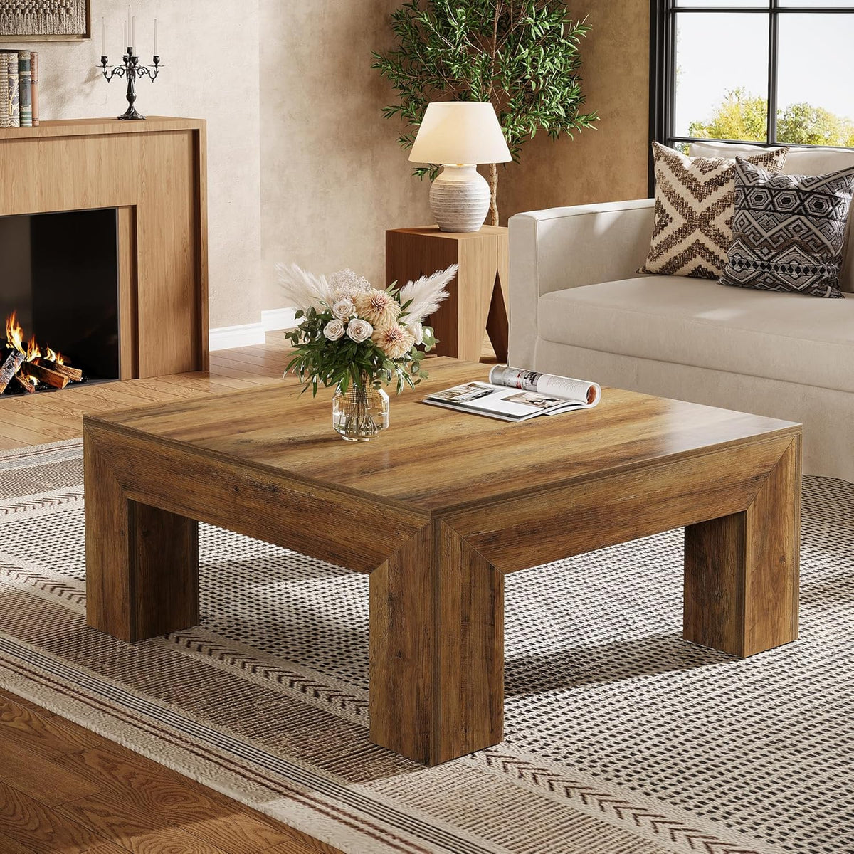Tribesigns Coffee Table, Square Living Room Table, Coffee Table with Stable Wooden Legs for Sofa, Bedroom, 100 x 100 x 50 cm, Rustic Brown
