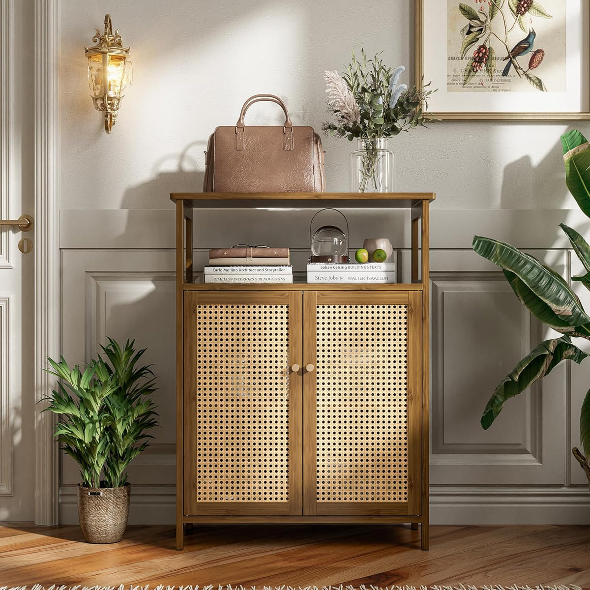 Badkamer Vloerstandaard Kast, Bamboe Opberg Organizer Tafel met 2 Rotan Deuren en 1 Plank, Houten Bijzetkast voor Hal, Wasserij, Keuken, Woonkamer (Walnoot)
