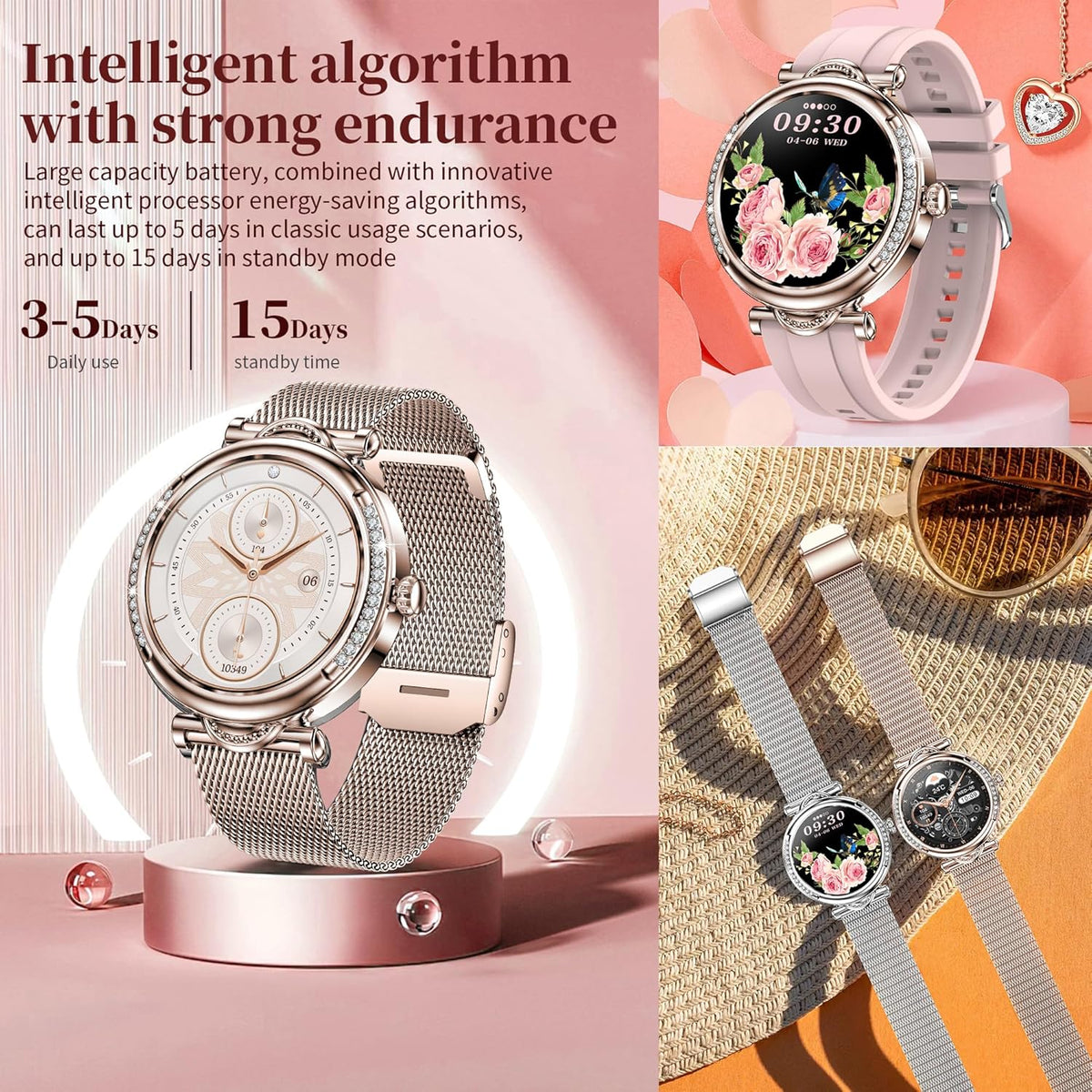 Smartwatch Damen met Bellen/Kiezen via Bluetooth, 1,27” Smart Watch voor Damens con Diamanti, Slaapmonitor Menstruatie Volgen Calorie Stappenteller Stopwatch Activity-Armband voor Android iOS (Goud)
