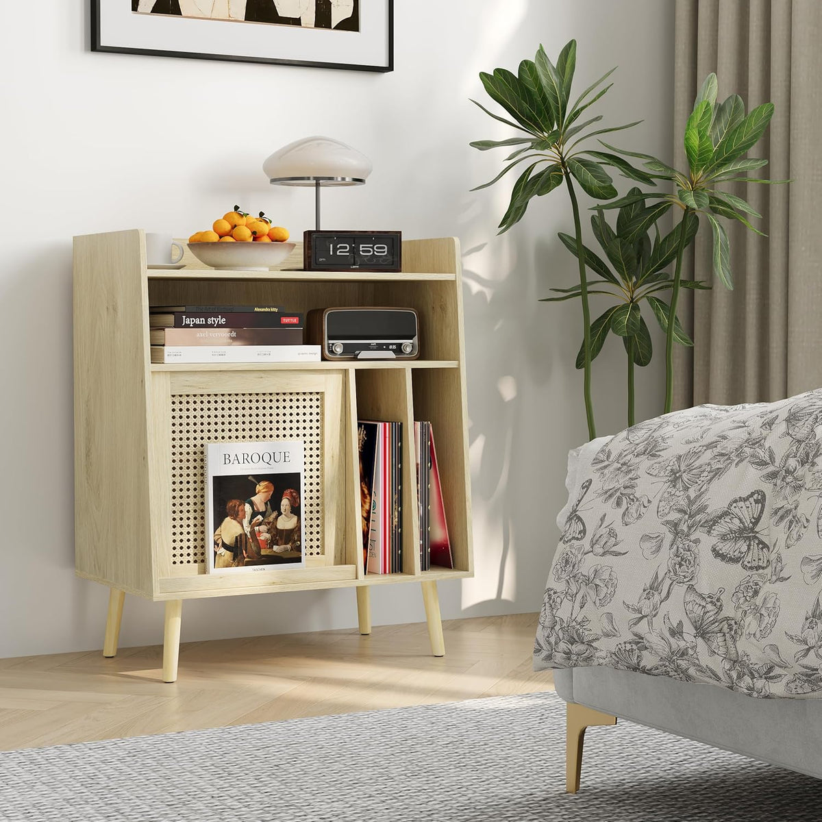 Draaitafel Tafel Groot – Platenspeler Meubel – Platenkast – Vinyl Opbergkast – Platenrek – Rotan Kastdeuren Met Verborgen Vinyl Opbergruimte – Massief Houten Poten
