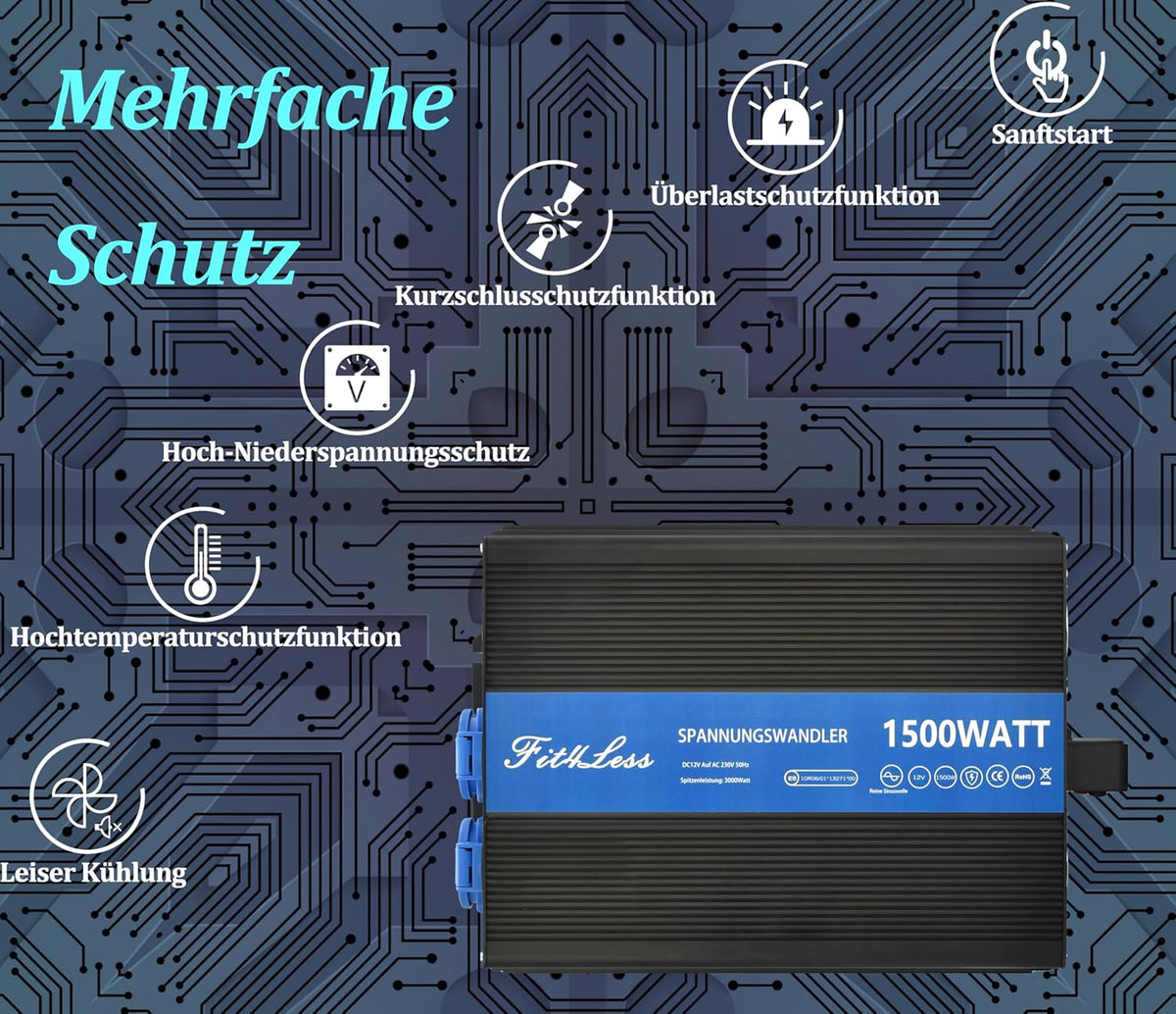 Pure Sine Wave Power Inverter DC12V naar AC230W 50Hz met dubbele Shuko stopcontacten, DC5V USB-poort, LCD Wire Remote Kit voor Europese markt. (12V 1500W)