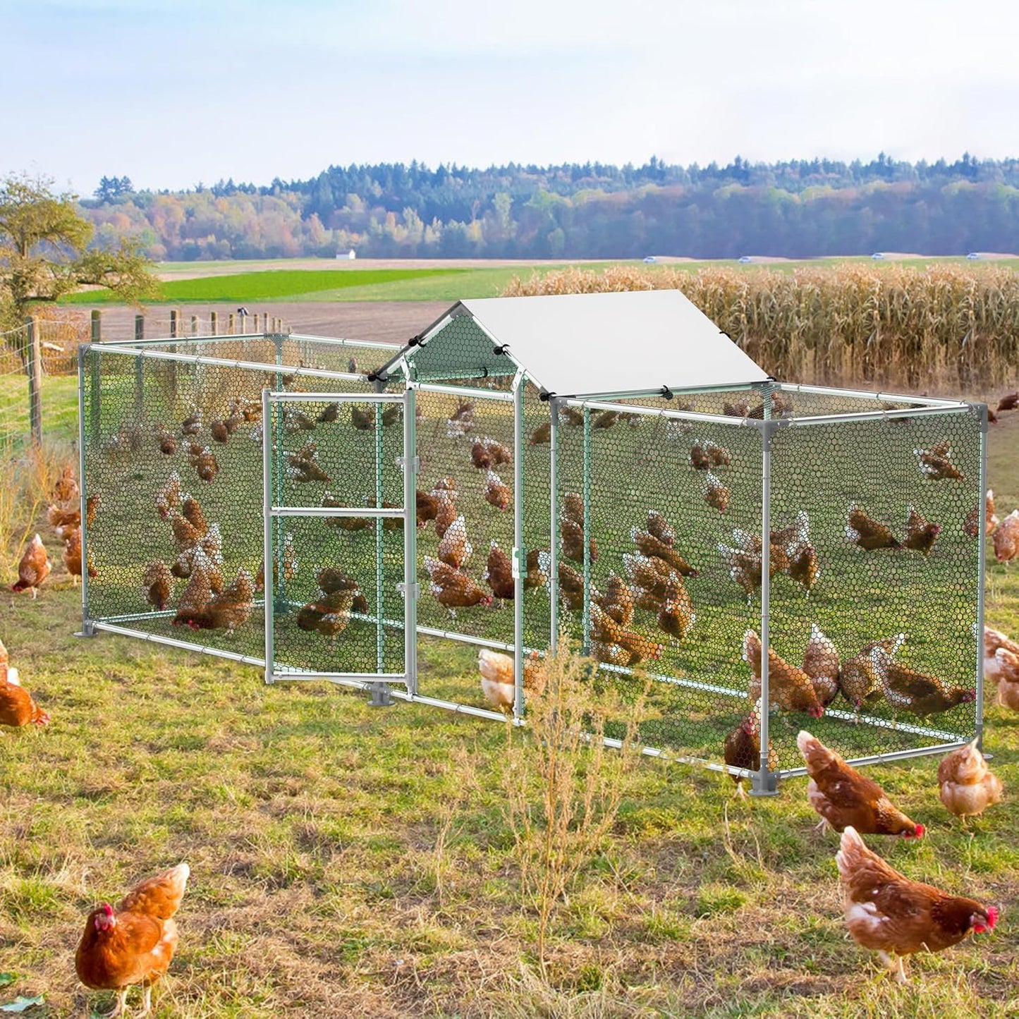 LILIIN Free Run Hen Coop Galvanised Steel Frame Chicken Coop Outdoor Entrance for Pet Cage, Bird Cage, Small Animals, with Lock and PVC Coated Roof, 400 x 100 x 150 cm - QUORE