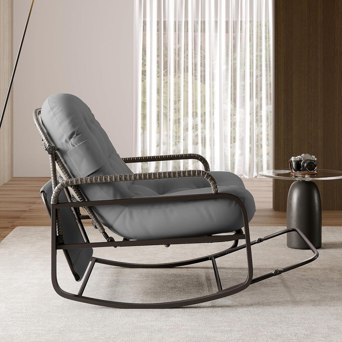Schommelstoel – Rattan Stoel – Schommelstoel Buiten – Relaxstoel – Ligstoel – Verstelbare Rugleuning – Zonneklep – Draagkracht 300 kg – Grijs