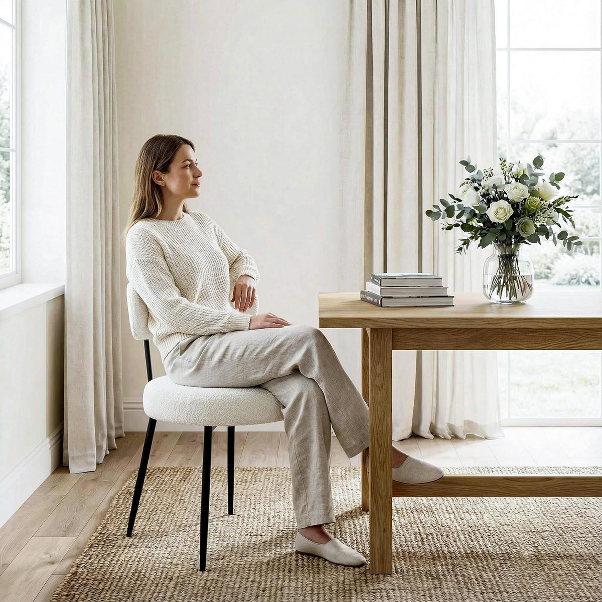 Set van 2 Bouclé Teddy eetkamerstoelen, gestoffeerd, moderne keukenstoelen zonder armleuning en metalen poten, beige, comfortabele gestoffeerde stoelen voor eetkamer en keuken