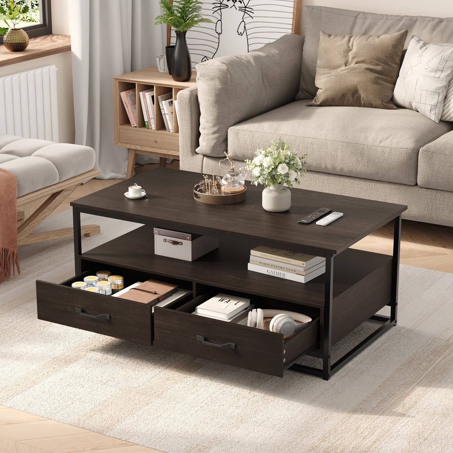 Salontafel – Koffietafel – Bijzettafel – Houten Tafel – Vintage Tafel – Metaal En Hout – 105x58x48 cm – 2 Lades En Open Plank