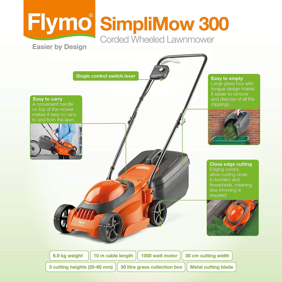 Elektrische Grasmaaier – Accu Grasmaaier – Robotmaaier – Benzinemaaier – Zomer Grasmaaier – 1000 W Motor – 30 cm Maaibreedte – 30 L Grasopvang – Inklapbare Handgrepen – MiniTrim Randen