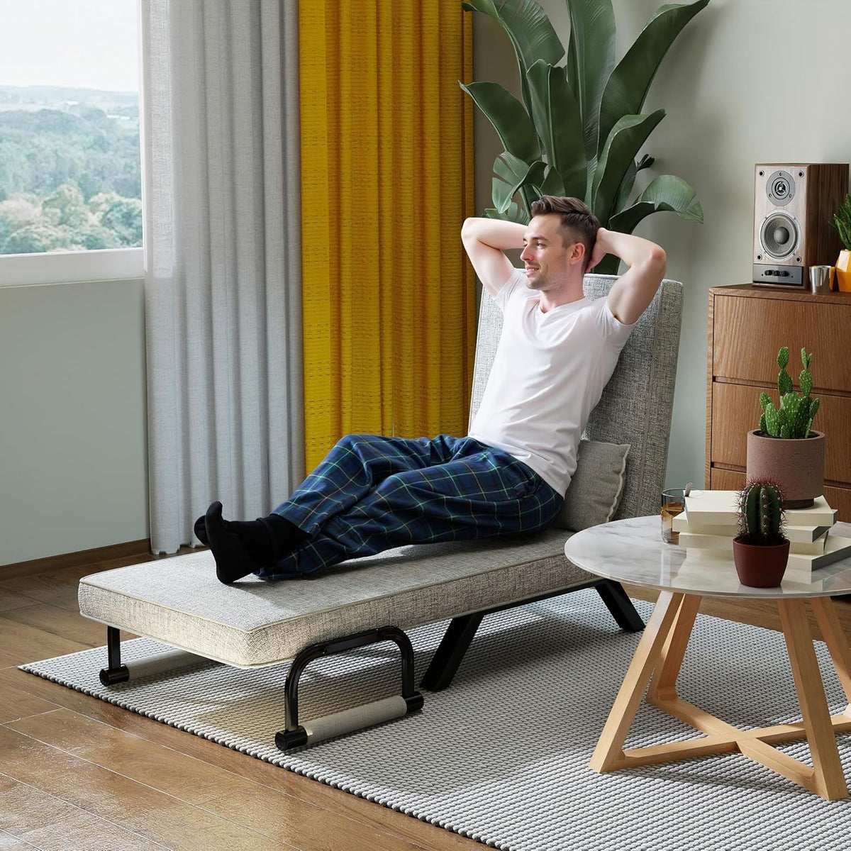 3-In-1 Slaapstoel – Slaapbank – Relaxfauteuil – Oprolbed – Uitklapbare Stoel – Lichtgrijs – Verstelbare Rugleuning 5-Standen – Stevig Metalen Frame Met Linnen Bekleding