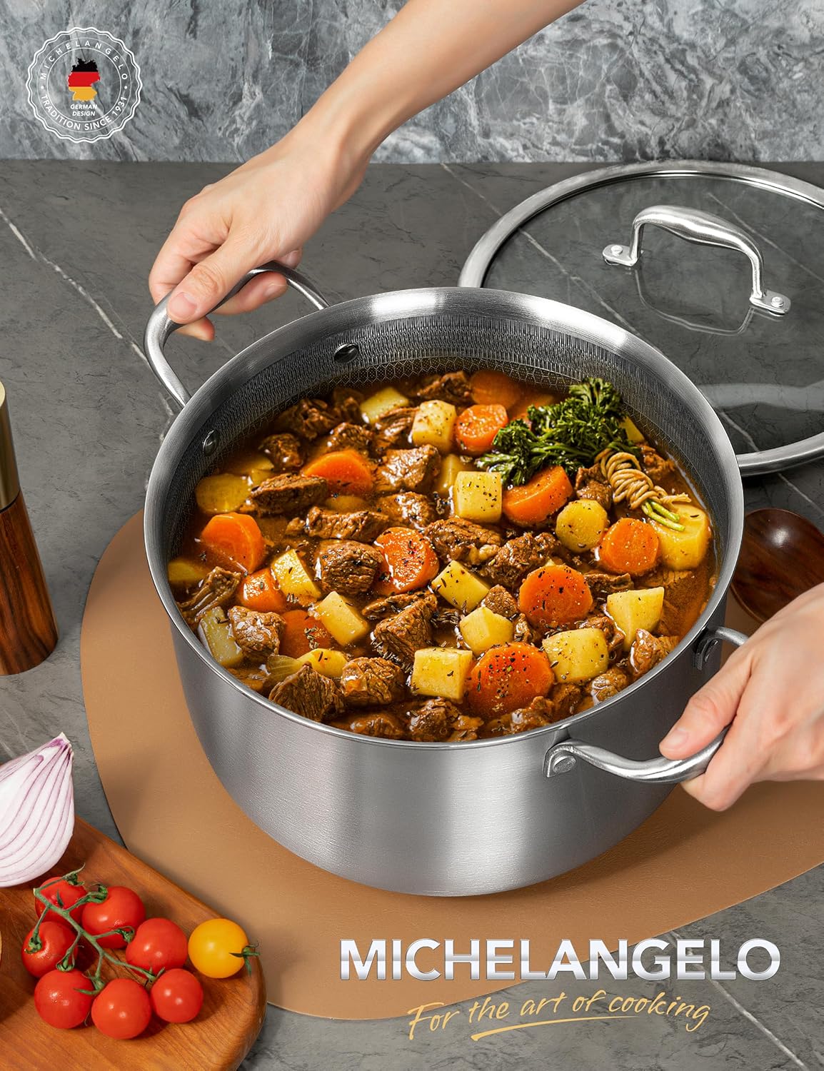 MICHELANGELO Drielaagse roestvrijstalen voorraadpot, 8-kwart soeppan met deksel, 18/10 antiaanbakpan met honingraatbinnenkant, compatibel met alle kookplaten