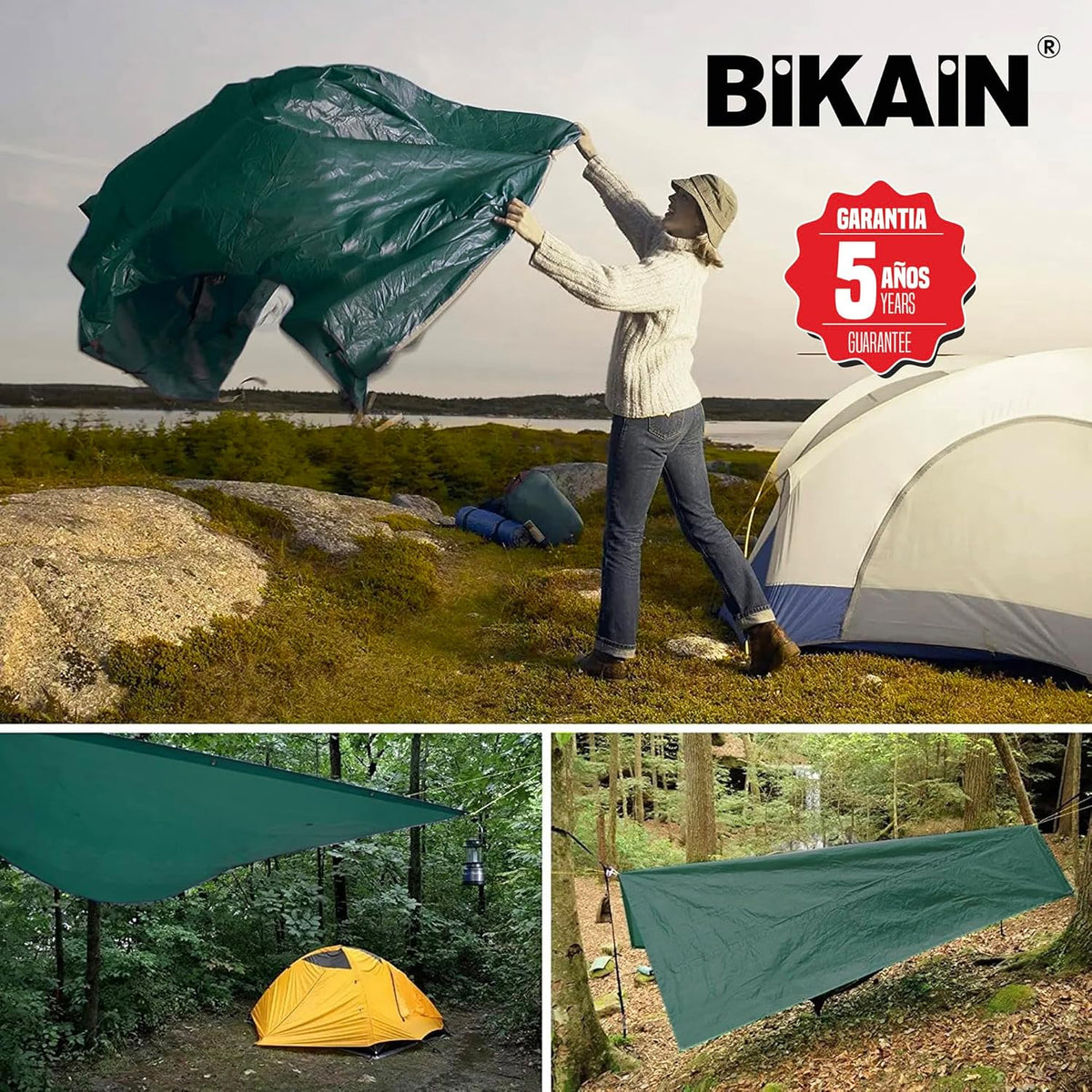 Bikain Waterdicht afdekzeil voor buiten, 8 x 12 m, 150 g/m², versterkt, scheurvaste ogen, zonnezeil, 100% waterdicht en 100% uv-bescherming, multifunctionele afdekking, 3-laags, kruislaminaat