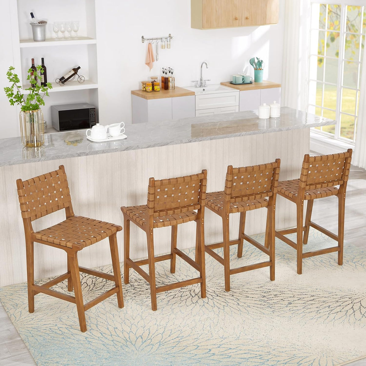 Ball & Cast PU lederen geweven tegenkruk, houten frame keuken eiland barkruk met voetsteun, rugleuning geweven kruk-stoel voor dineren, bruin