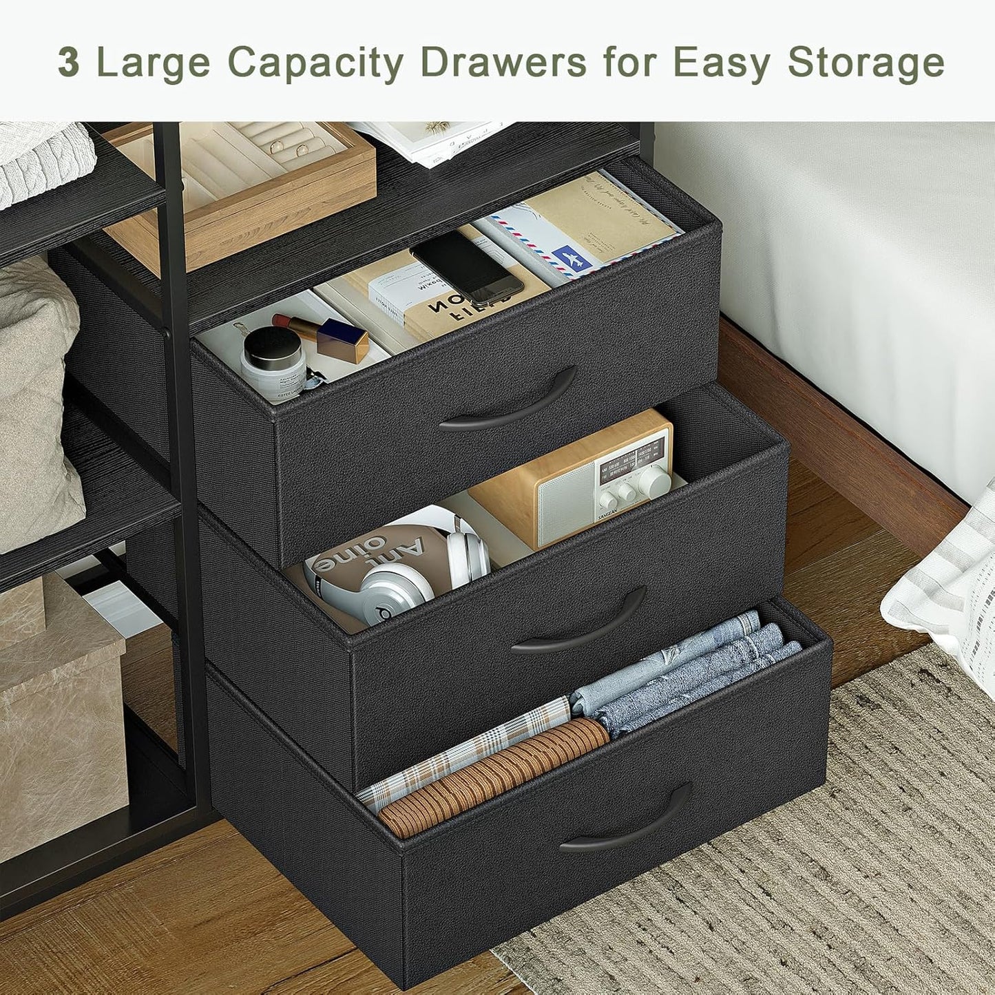 Kledingrek – Open Garderobe – Kledingwagen – Kledingrail – Kledingkast – Zwart Stalen Frame – 3 Laden & Verstelbare Plank